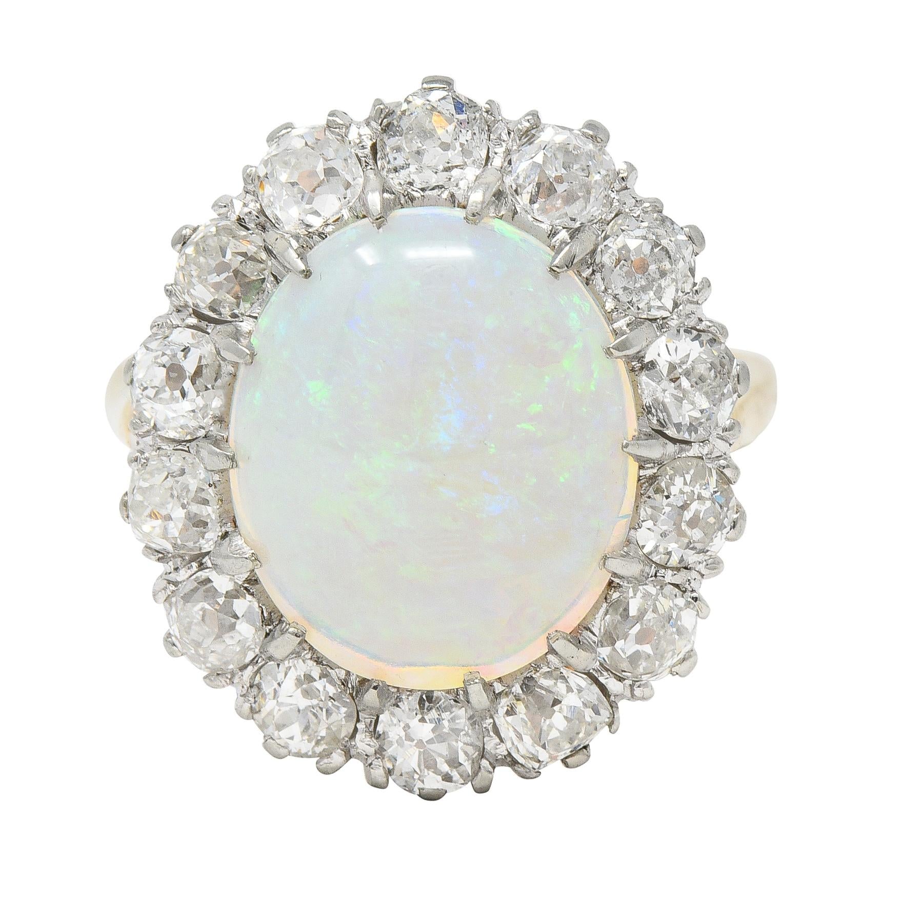 Edwardian Diamond Opal Cabochon 14 Karat Yellow Gold Antique Cluster Ring