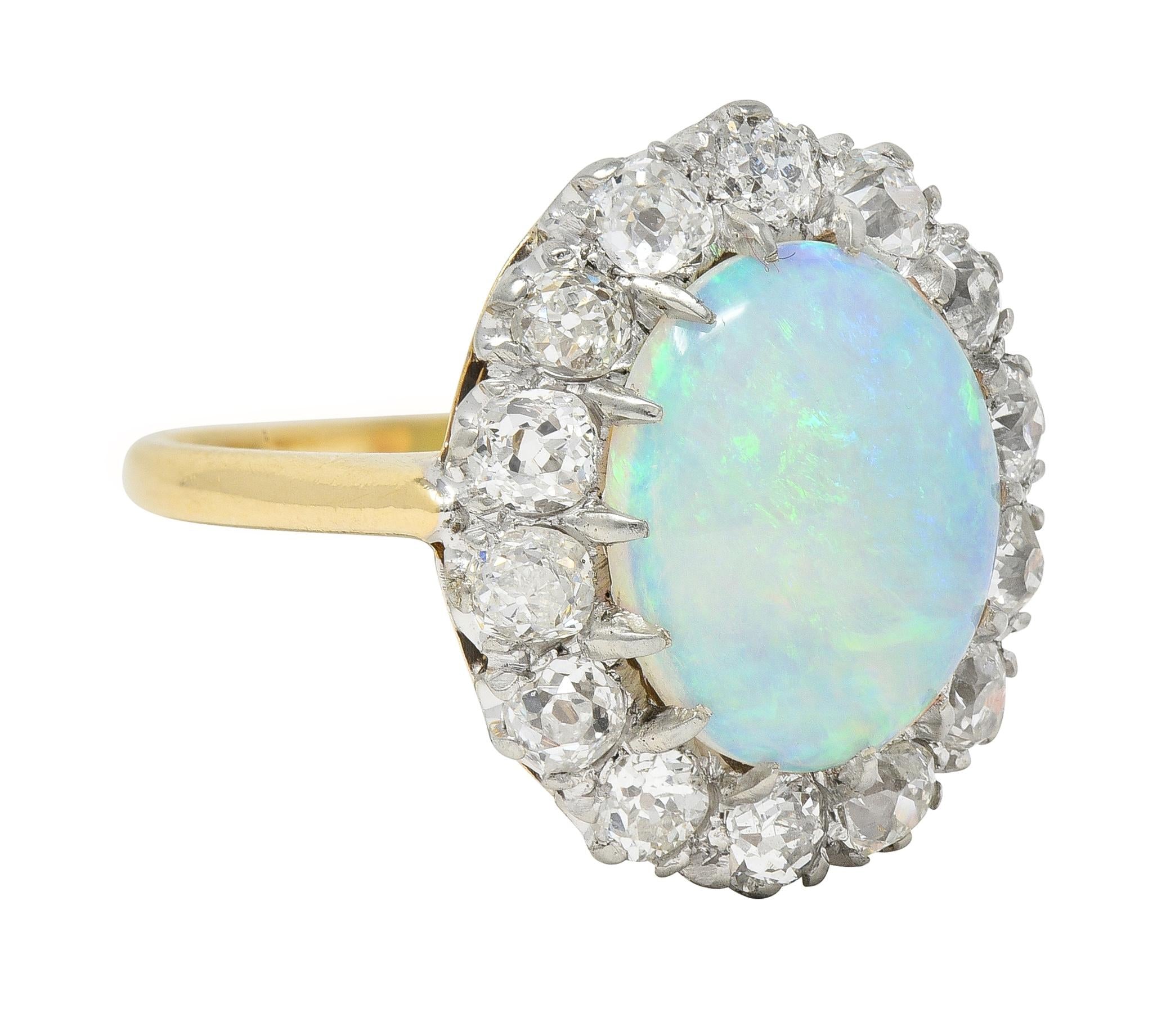 Edwardian Diamond Opal Cabochon 14 Karat Yellow Gold Antique Cluster Ring