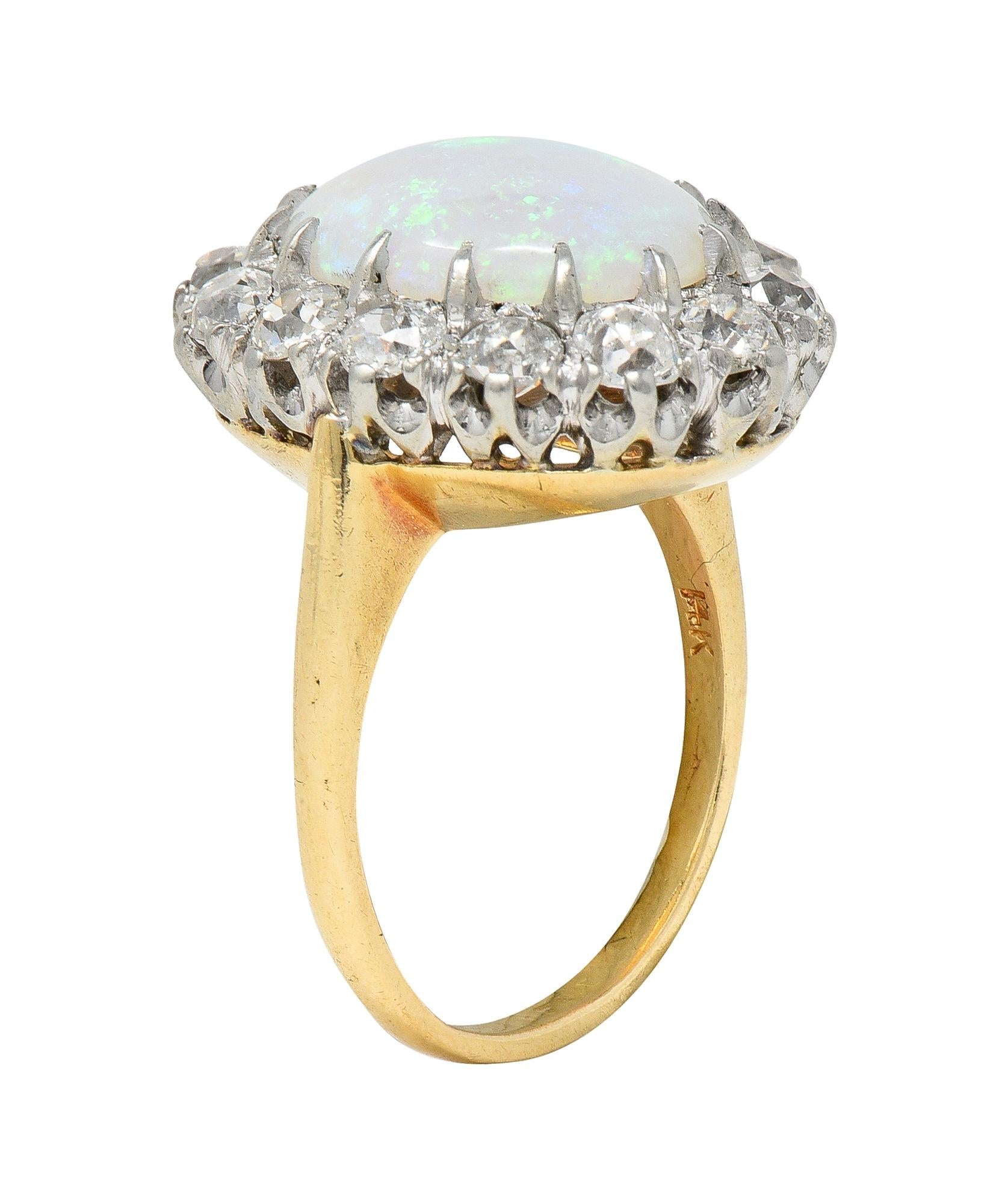 Edwardian Diamond Opal Cabochon 14 Karat Yellow Gold Antique Cluster Ring