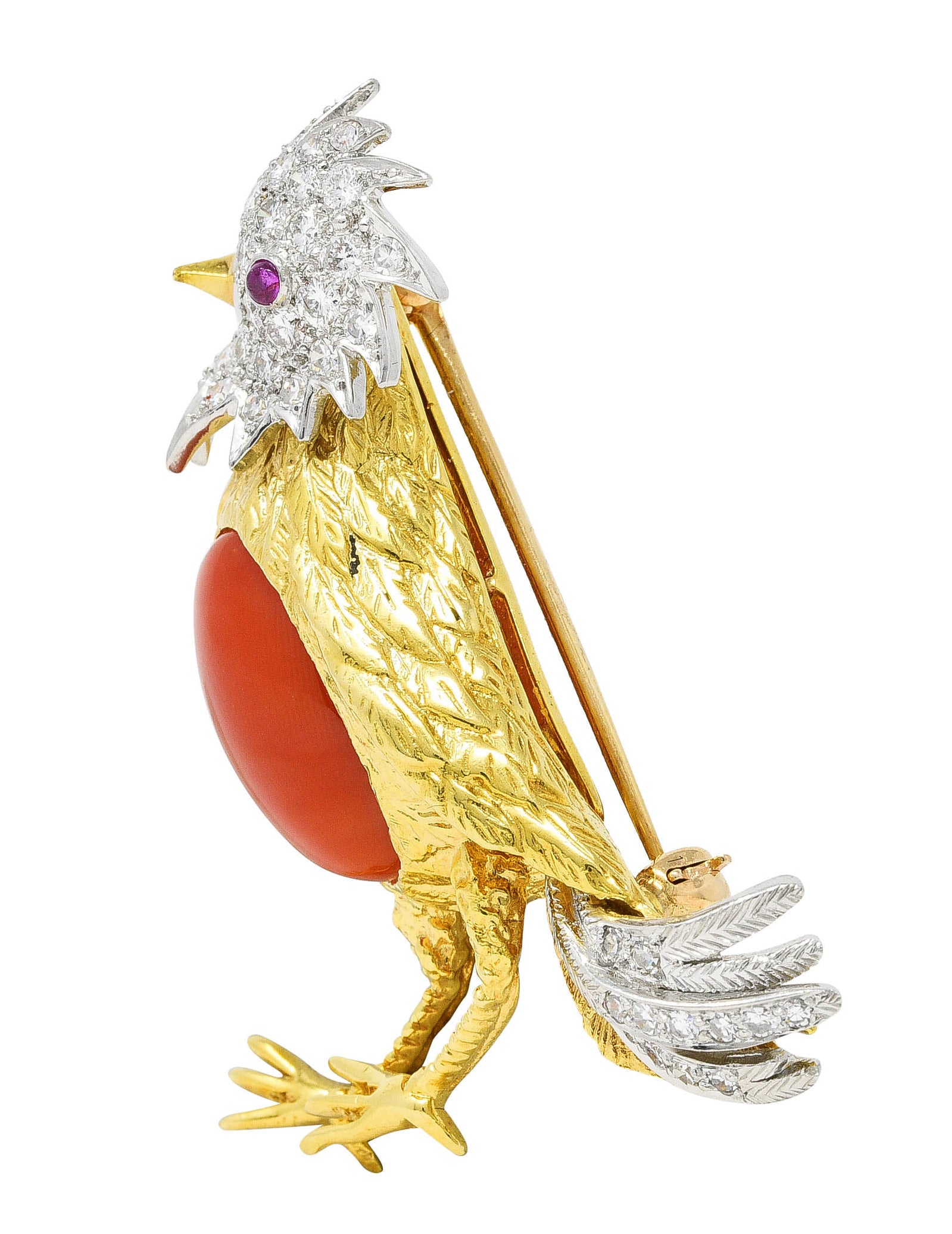 1960's Vintage Coral Pave Diamond Platinum 18 Karat Yellow Gold Cockatiel Bird Brooch Wilson's Estate Jewelry