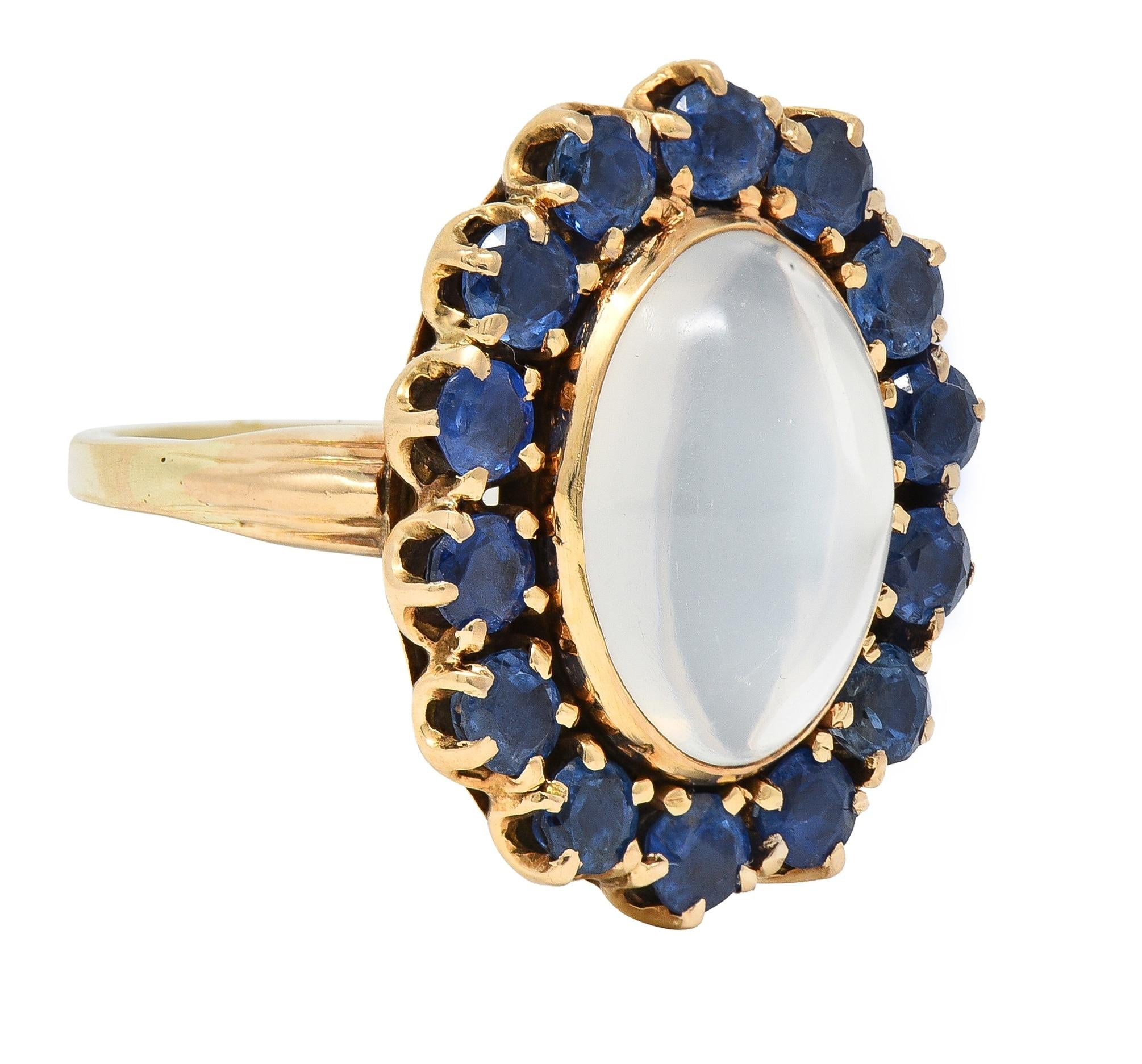 Retro Sapphire Moonstone 14 Karat Gold Vintage Halo Ring