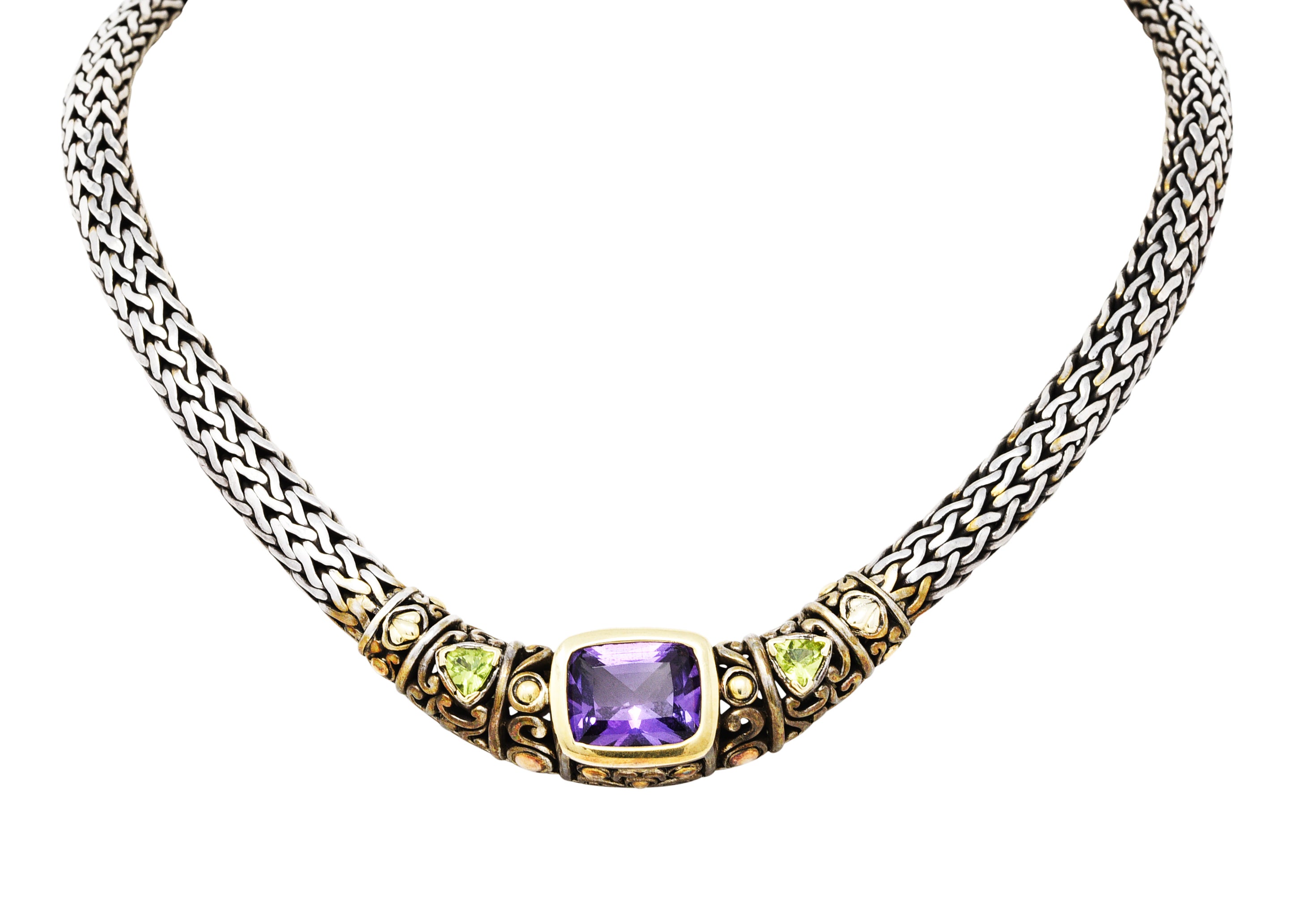 1990s John Hardy Amethyst Peridot 18 Karat Gold Sterling Silver Batu Sari Wheat Chain NecklaceNecklace - Wilson's Estate Jewelry