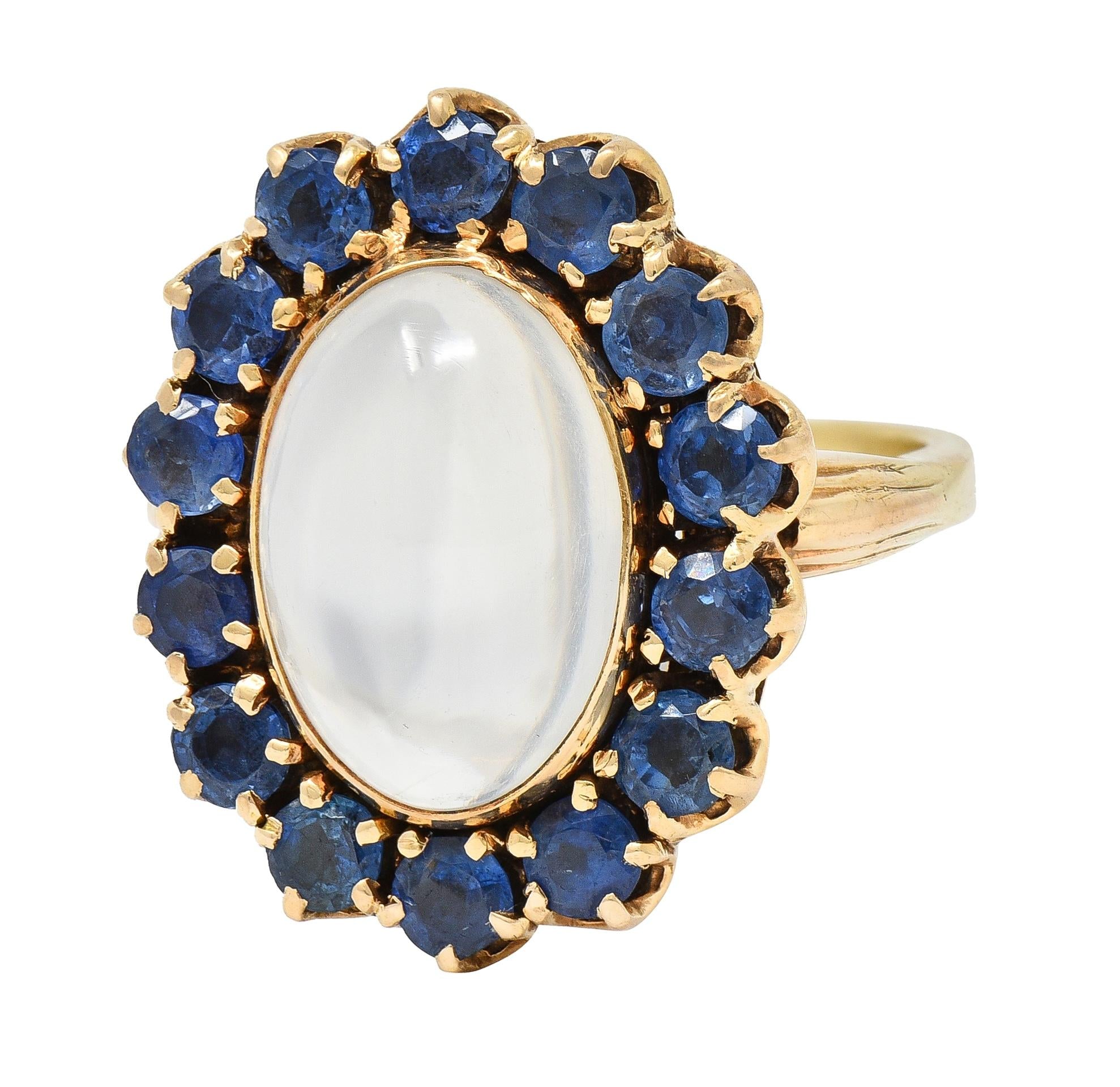 Retro Sapphire Moonstone 14 Karat Gold Vintage Halo Ring