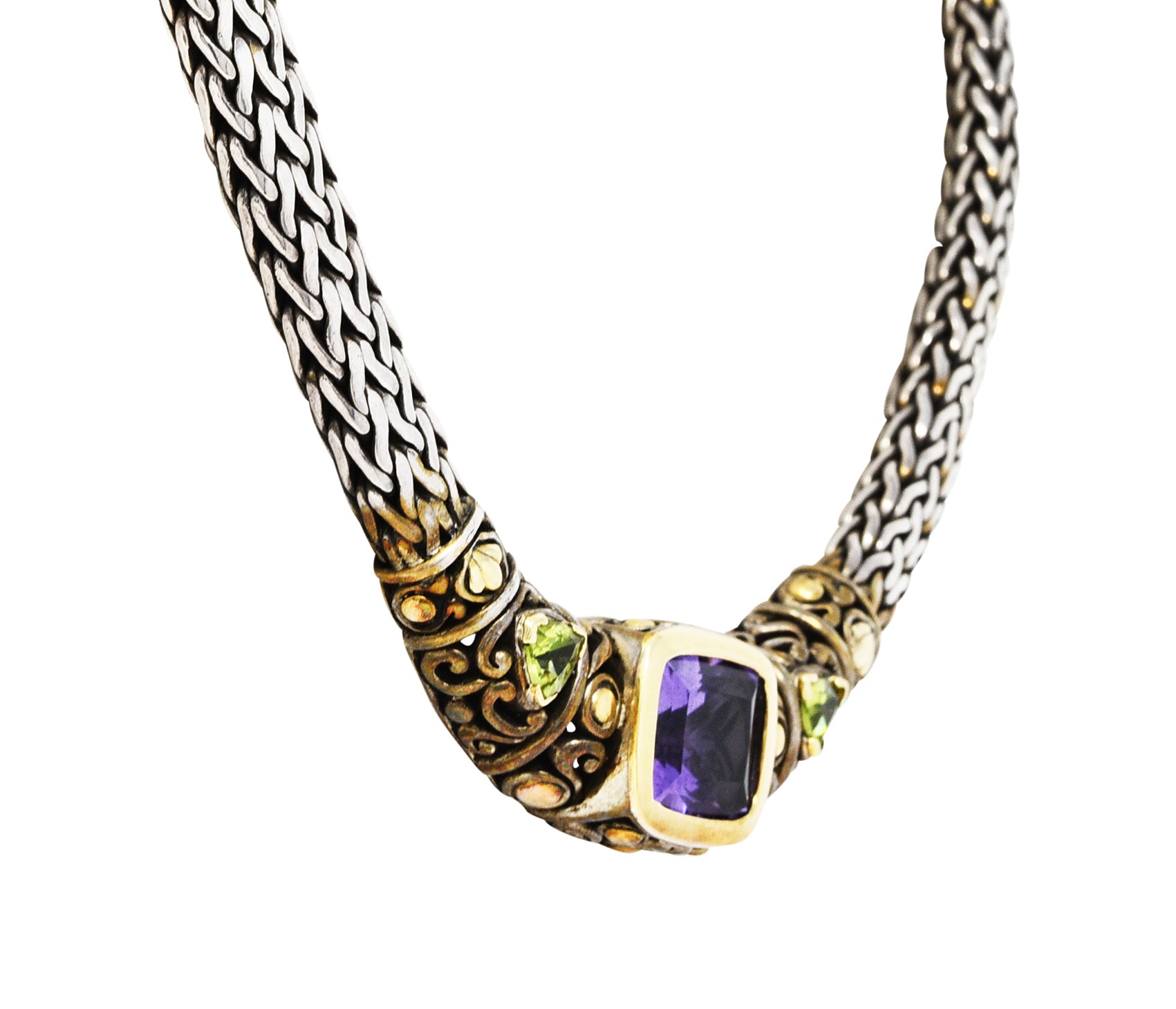 1990s John Hardy Amethyst Peridot 18 Karat Gold Sterling Silver Batu Sari Wheat Chain NecklaceNecklace - Wilson's Estate Jewelry