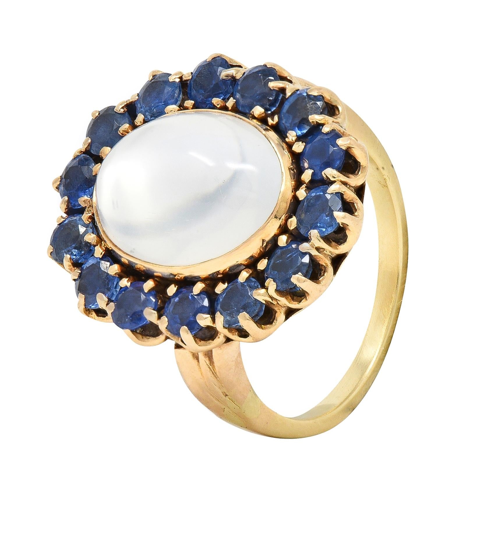 Retro Sapphire Moonstone 14 Karat Gold Vintage Halo Ring