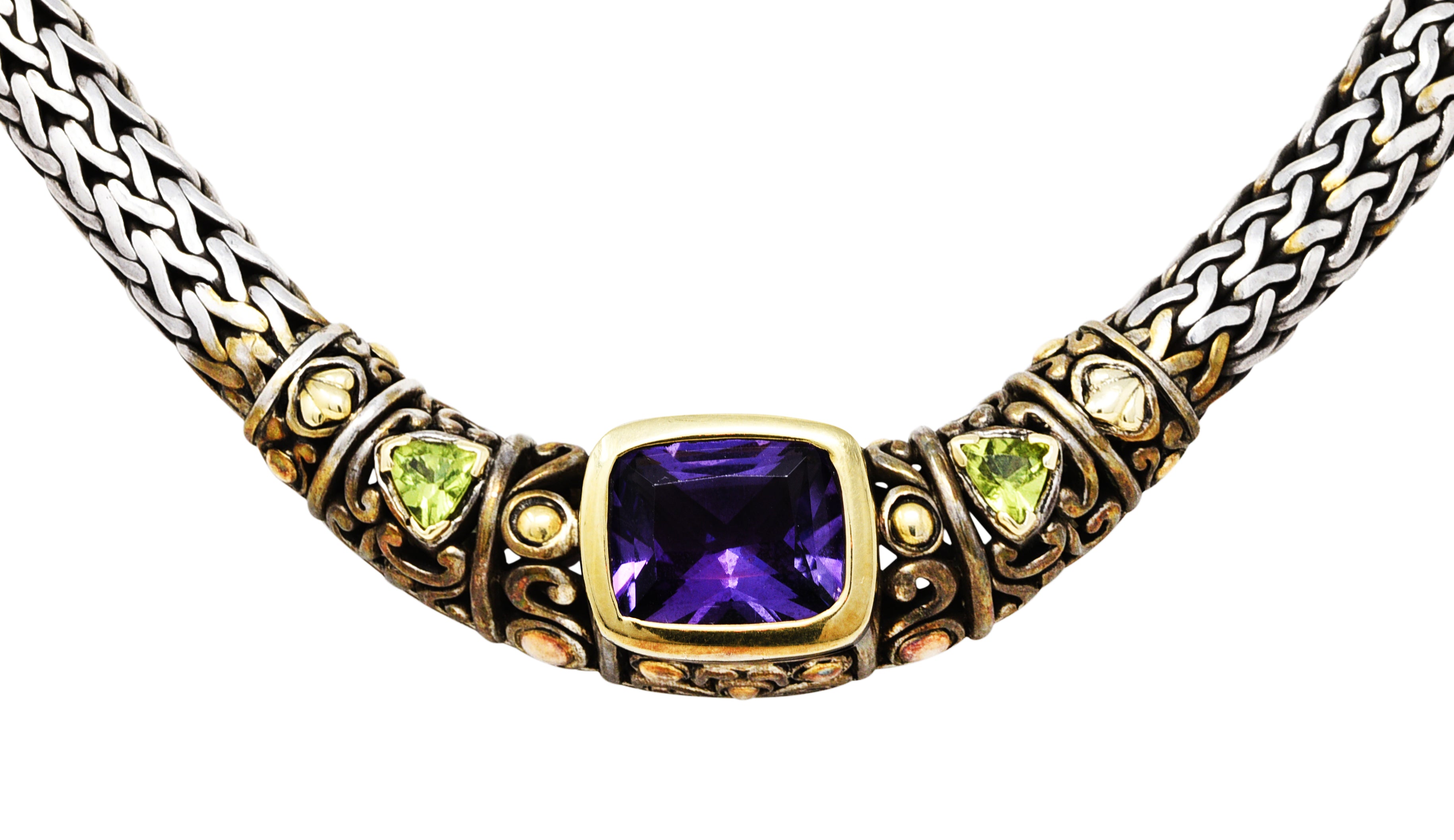 1990s John Hardy Amethyst Peridot 18 Karat Gold Sterling Silver Batu Sari Wheat Chain NecklaceNecklace - Wilson's Estate Jewelry