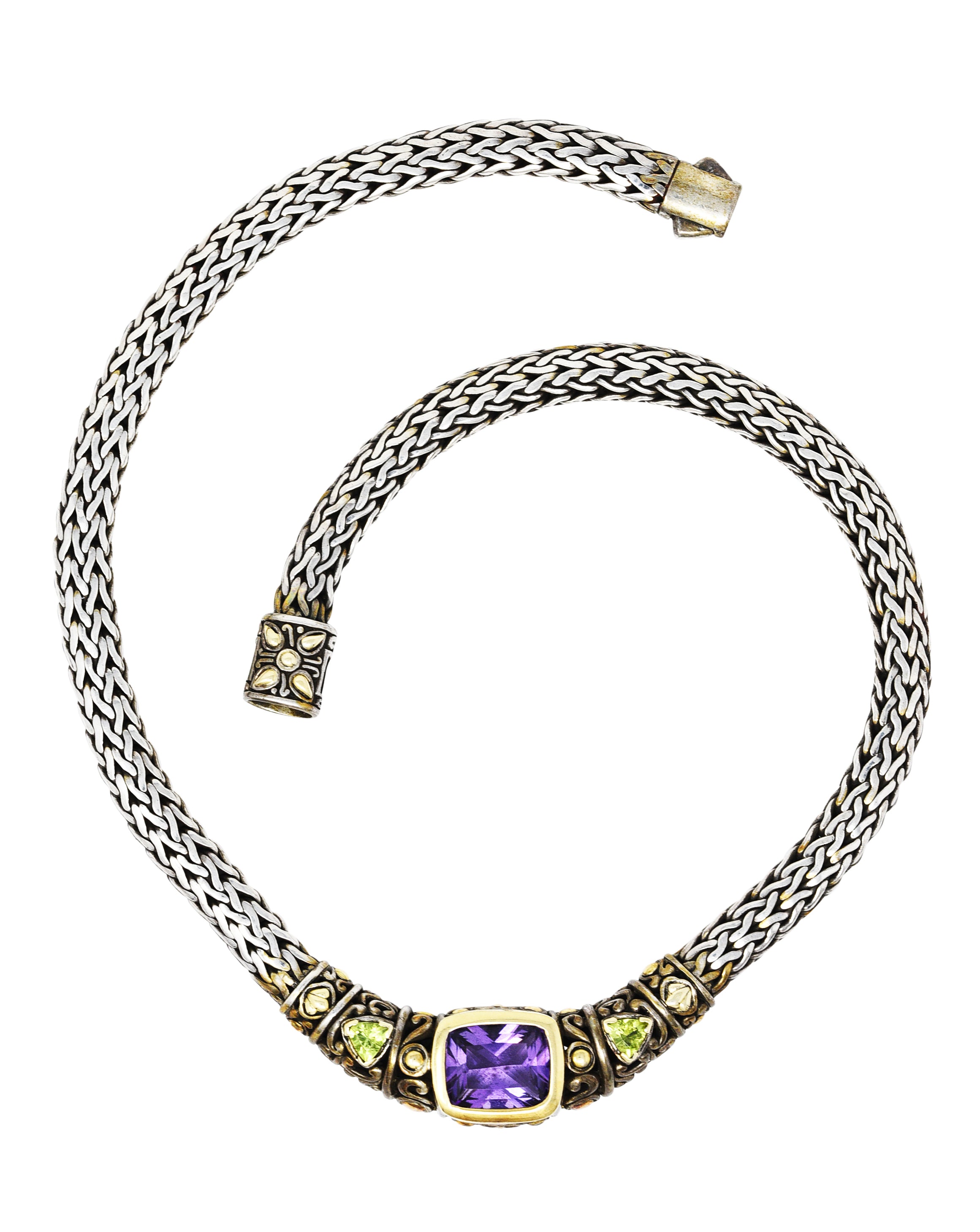 1990s John Hardy Amethyst Peridot 18 Karat Gold Sterling Silver Batu Sari Wheat Chain NecklaceNecklace - Wilson's Estate Jewelry