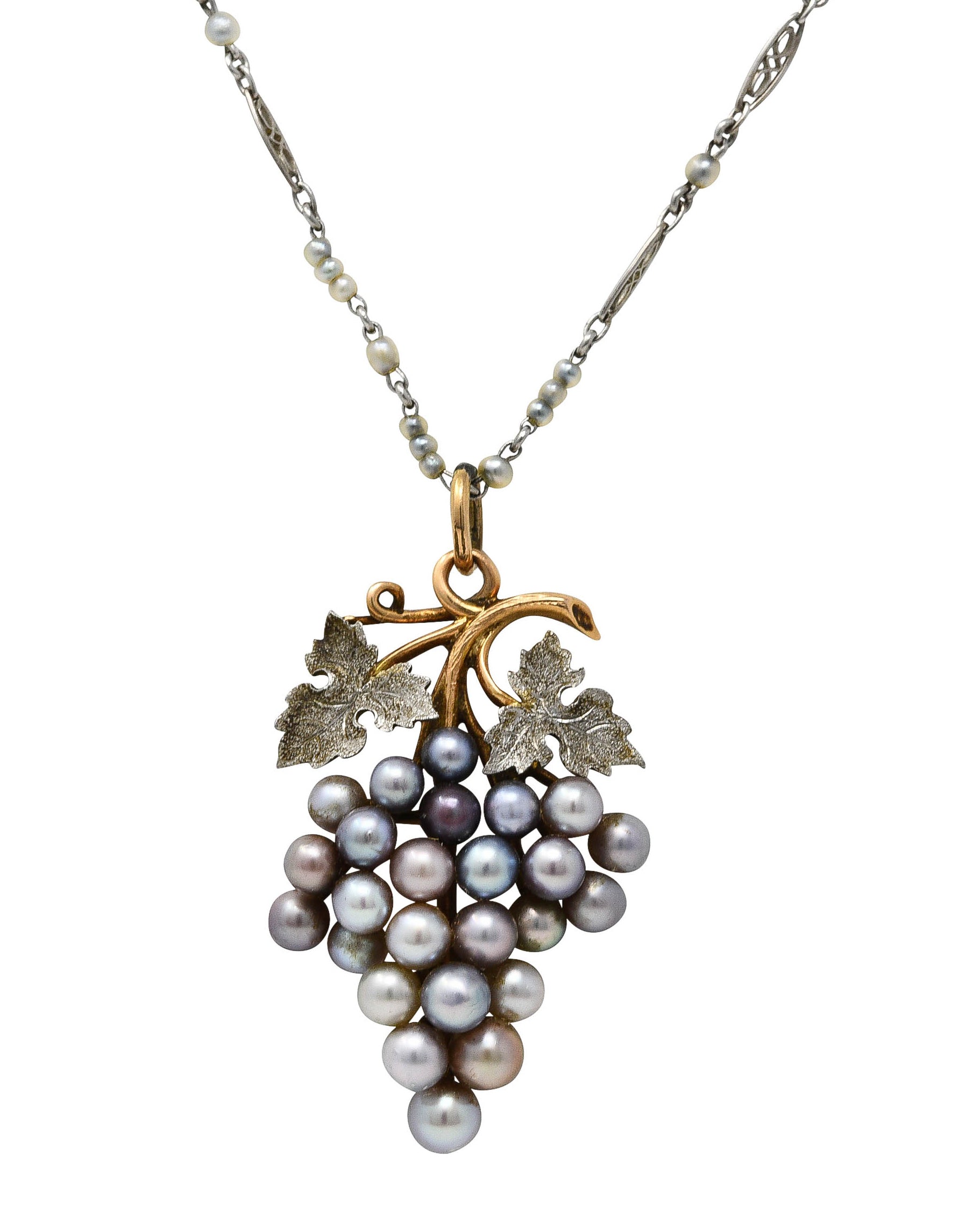 Antique Pearl Platinum 18 Karat Yellow Gold Grape Vine Pendant Necklace Wilson's Estate Jewelry