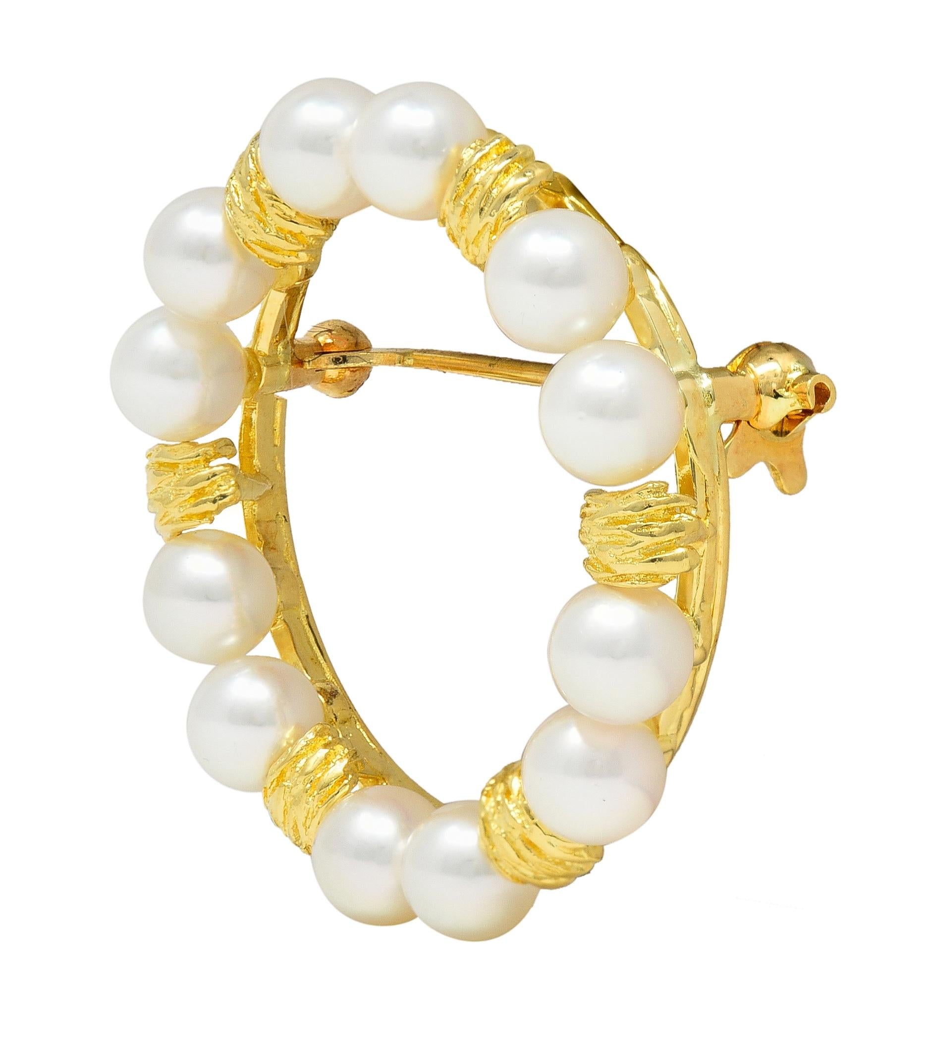 Mikimoto Pearl 14 Karat Yellow Gold Vintage Circle Wreath Brooch