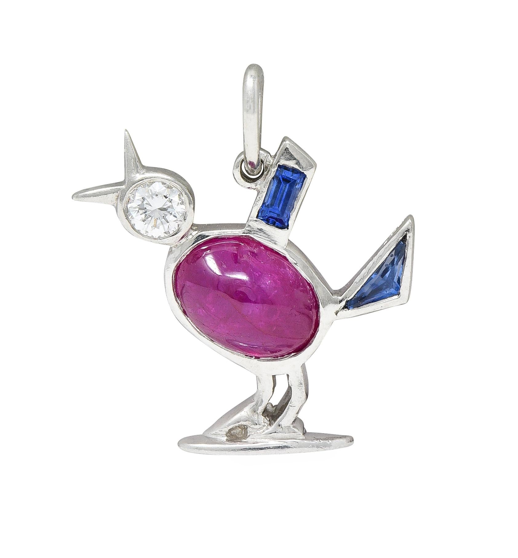 Art Deco 1.75 CTW Ruby Diamond Sapphire Platinum Bird Charm