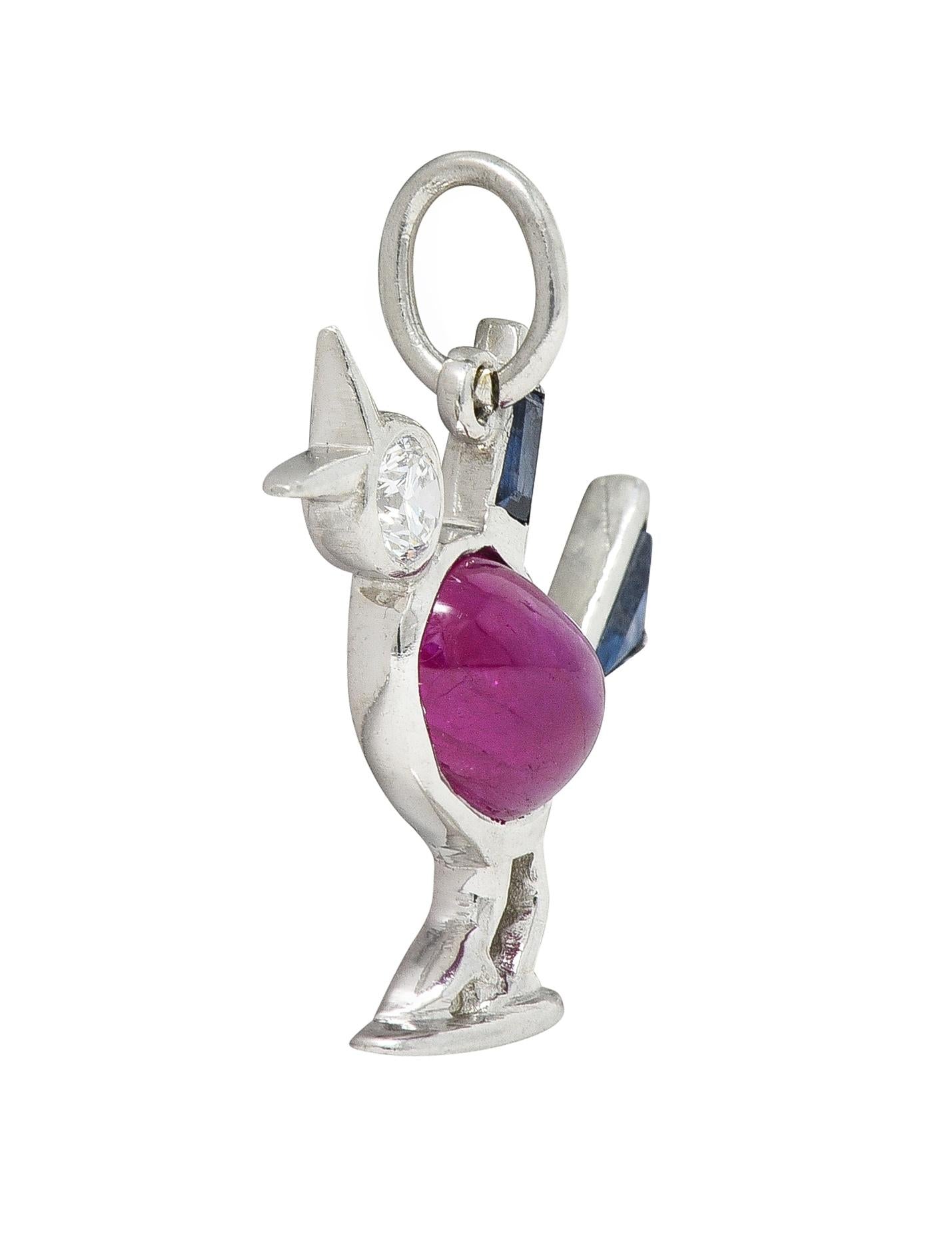 Art Deco 1.75 CTW Ruby Diamond Sapphire Platinum Bird Charm