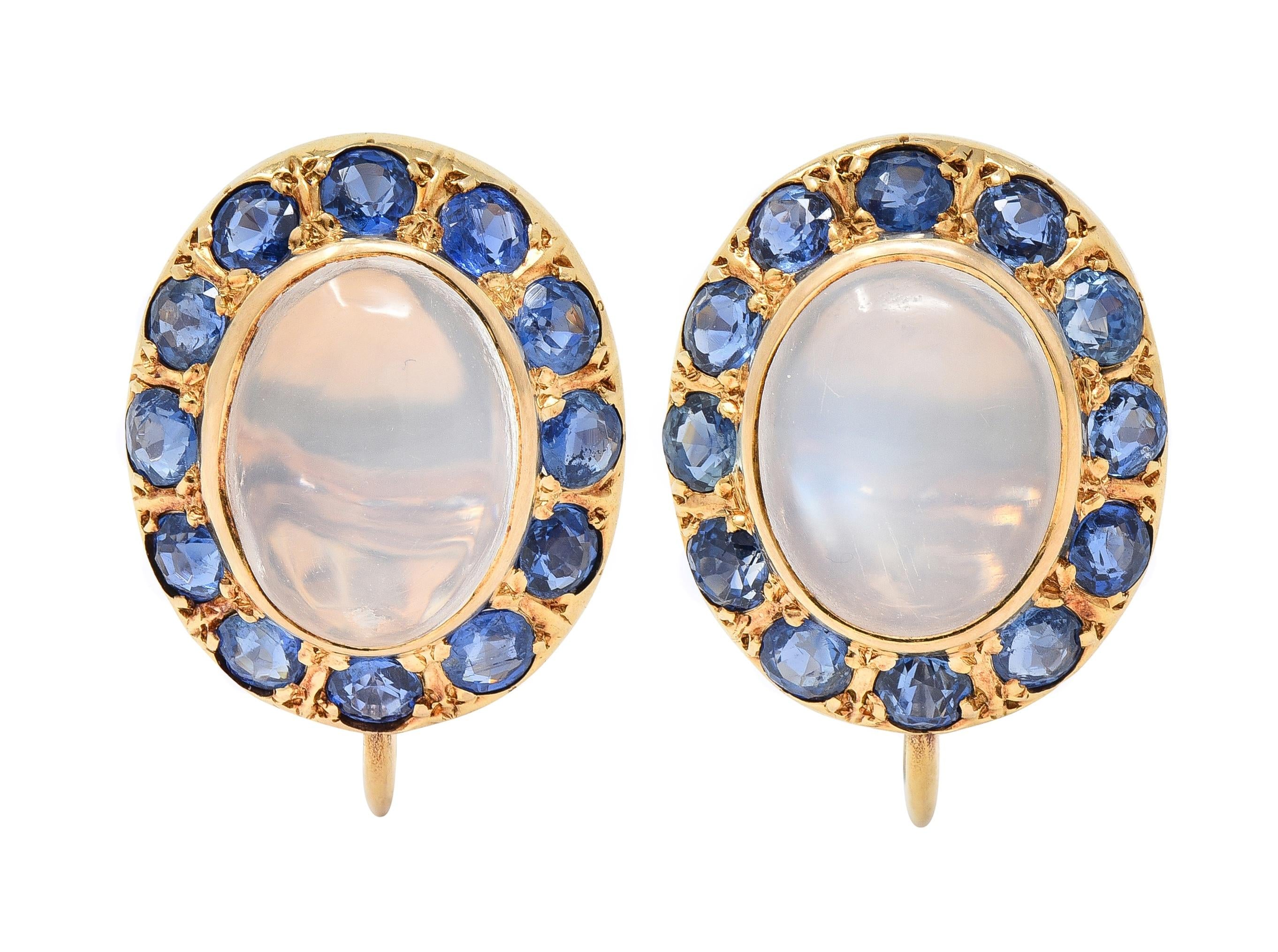 Retro Sapphire Moonstone 14 Karat Gold Vintage Screw-Back Earrings