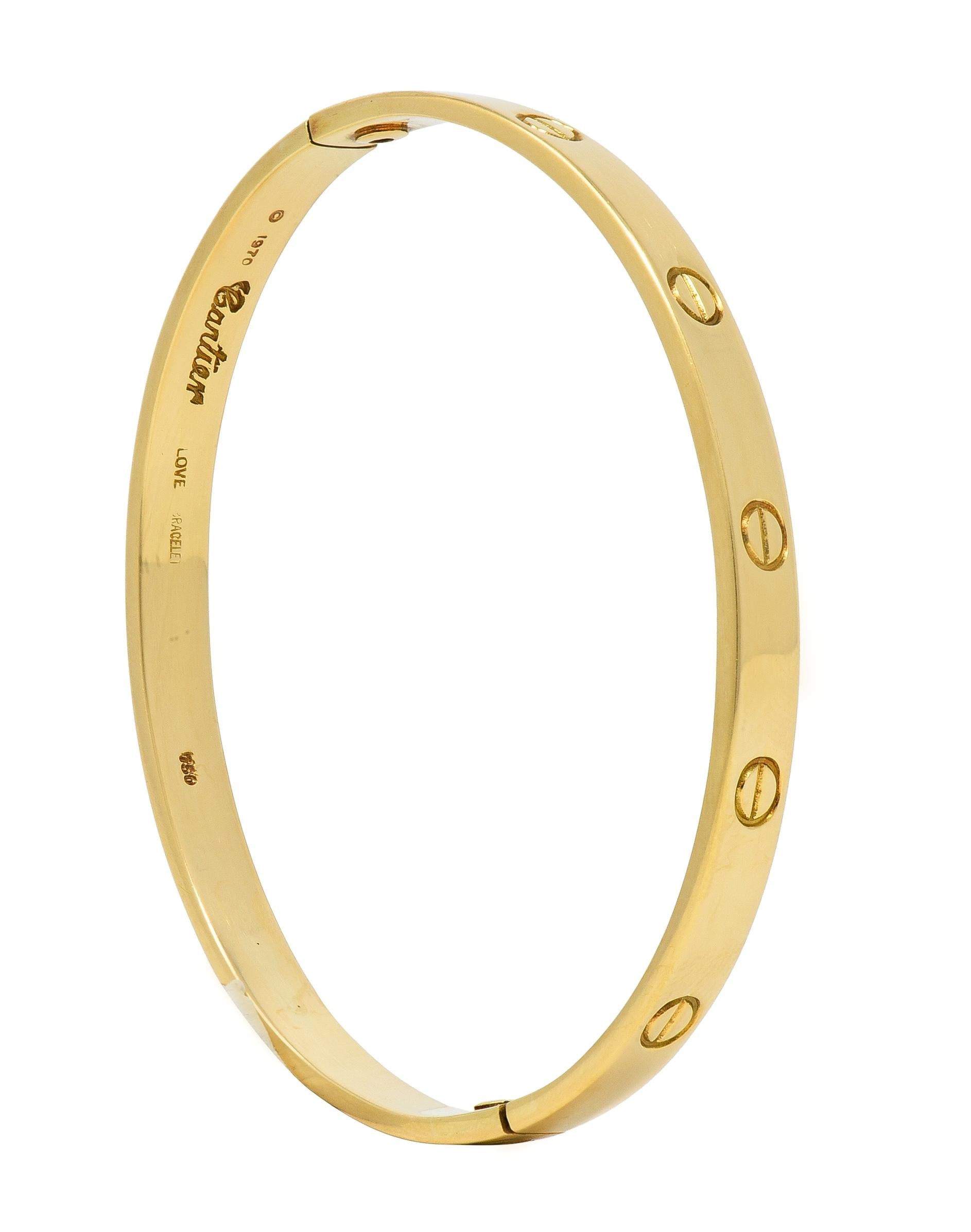 Cartier Aldo Cipullo 1970s 18 Karat Yellow Gold Love Bangle Bracelet