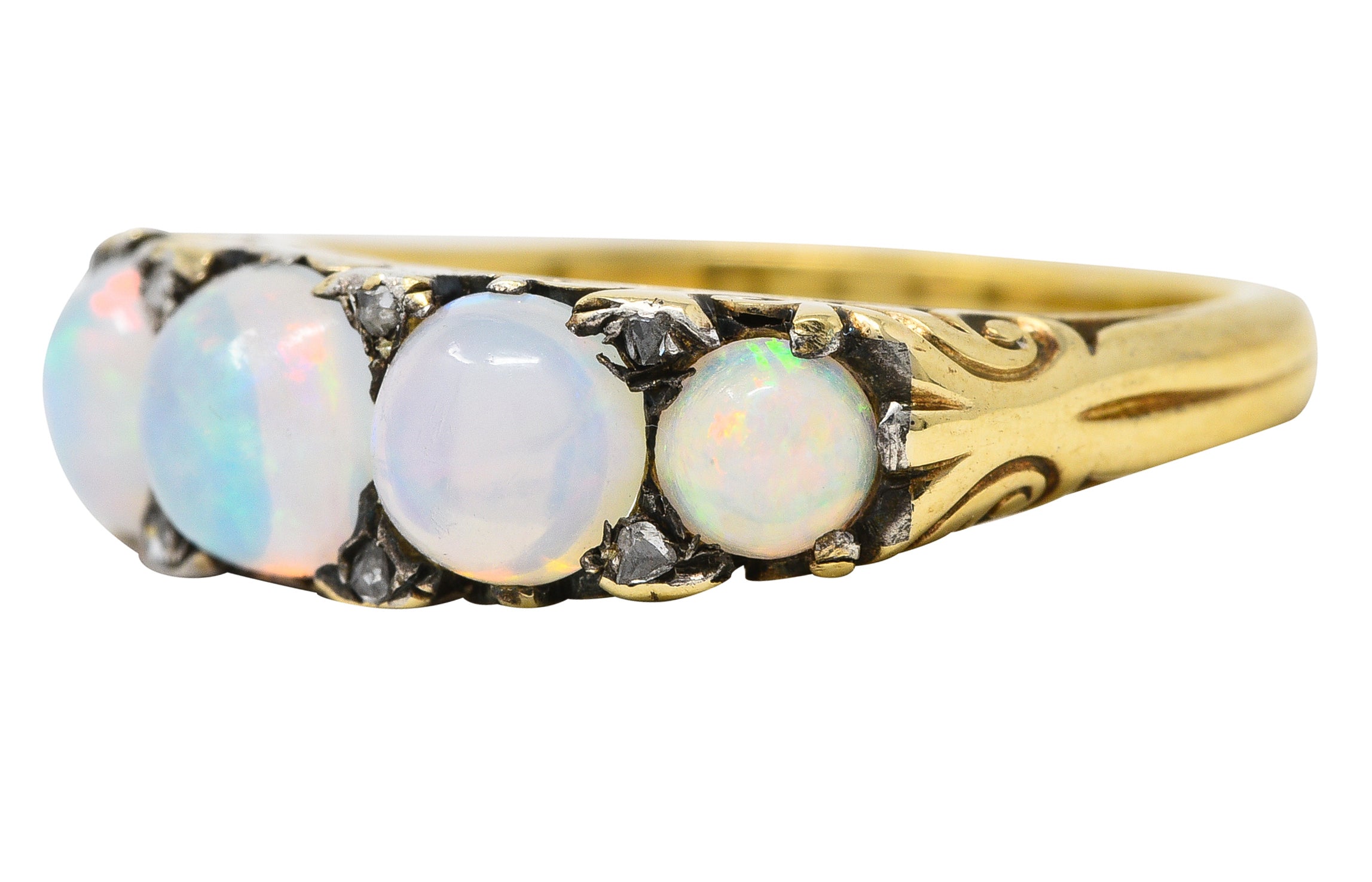 Victorian Jelly Opal Diamond 18 Karat Yellow Gold Five Stone Antique Ring Wilson's Estate Jewelry