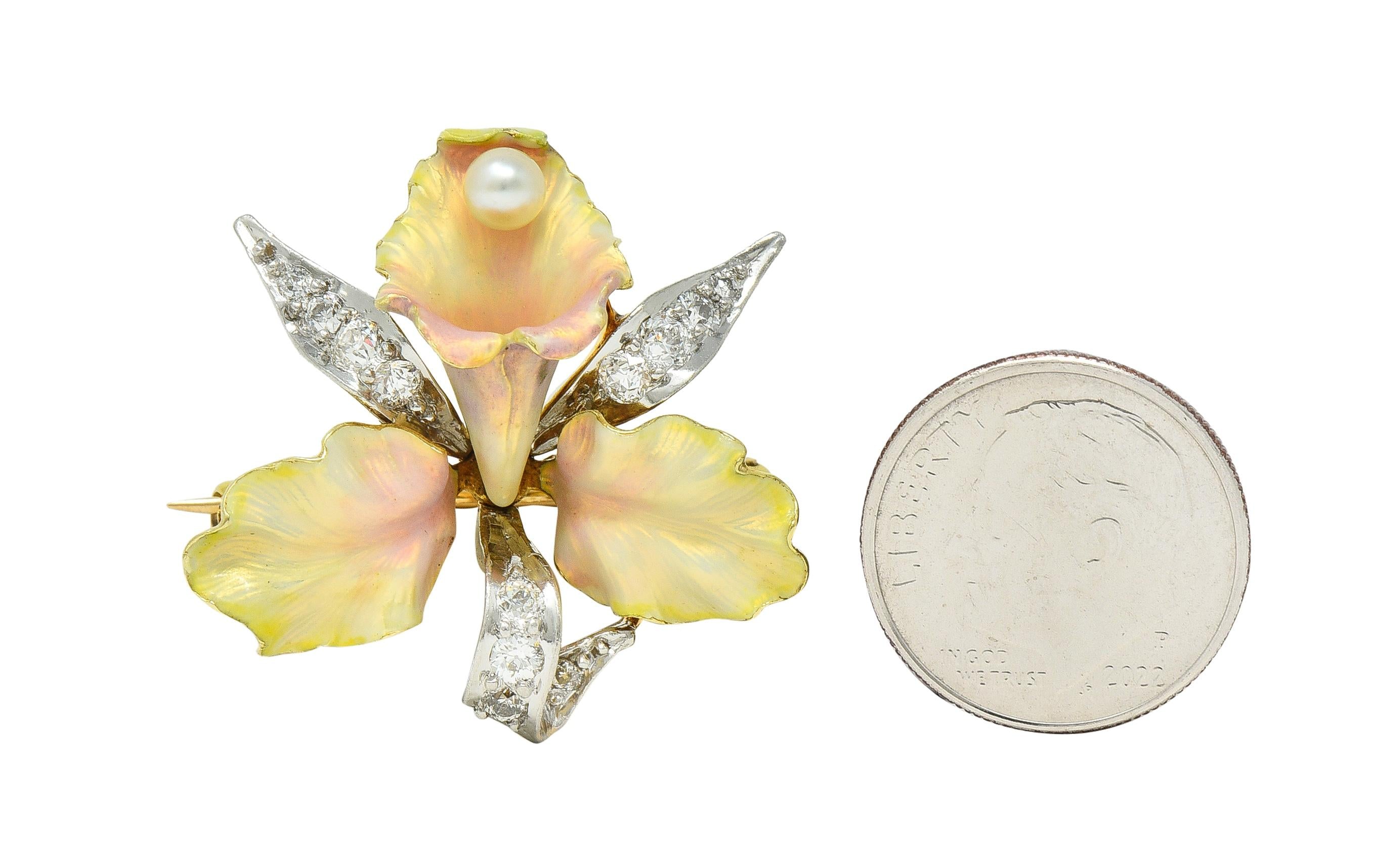 Art Nouveau Diamond Pearl Enamel Platinum 14 Karat Gold Daffodil Pendant Brooch