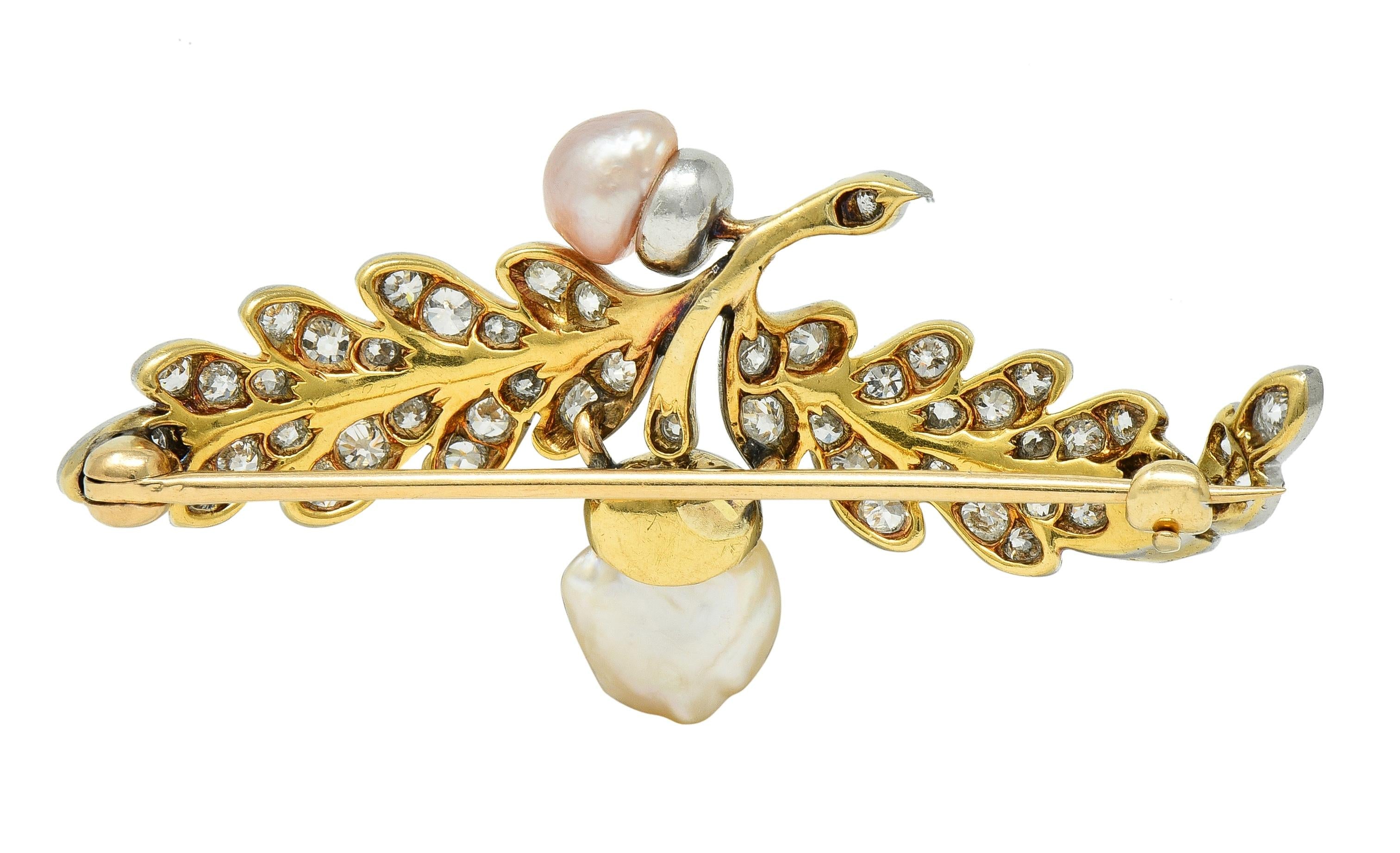 Edwardian 1.54 CTW Diamond Pearl Platinum 14 Karat Gold Antique Oak Leaf Brooch