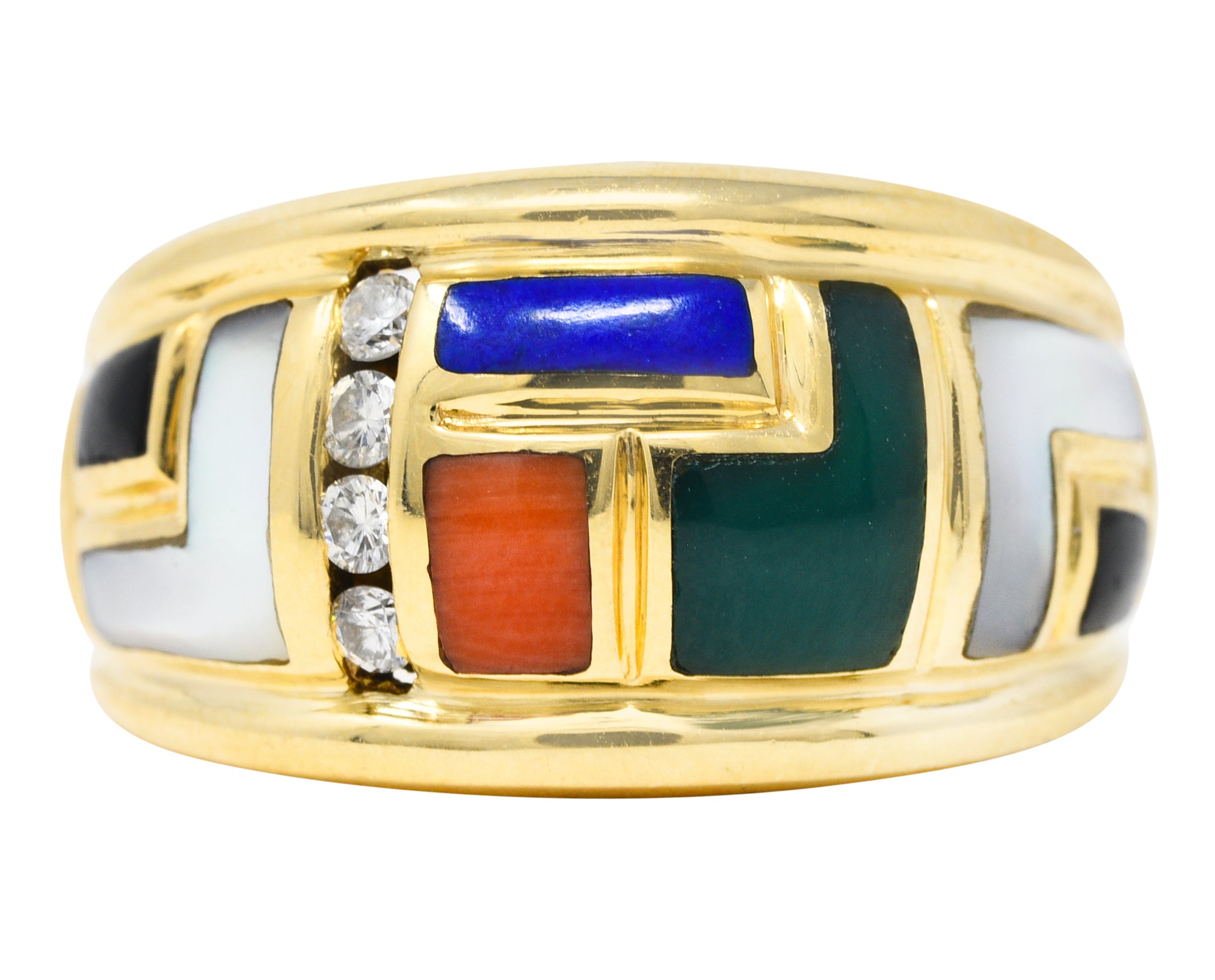 Asch Grossbardt Diamond Coral Onyx Chalcedony Lapis Lazuli 14 Karat Yellow Gold Vintage Band Ring Wilson's Estate Jewelry