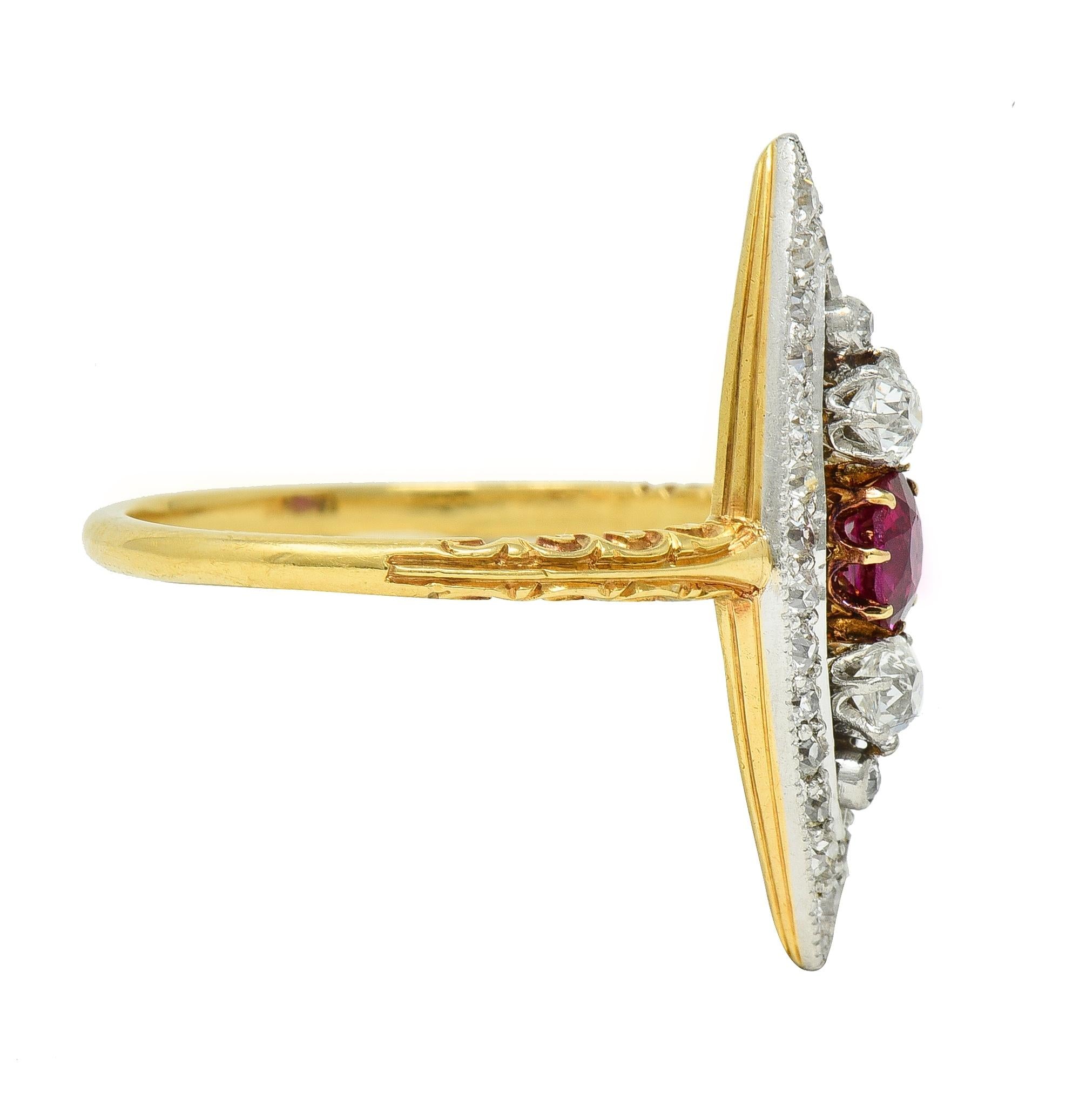 Edwardian 0.62 CTW Ruby Diamond Platinum 18 Karat Gold Scroll Navette Ring