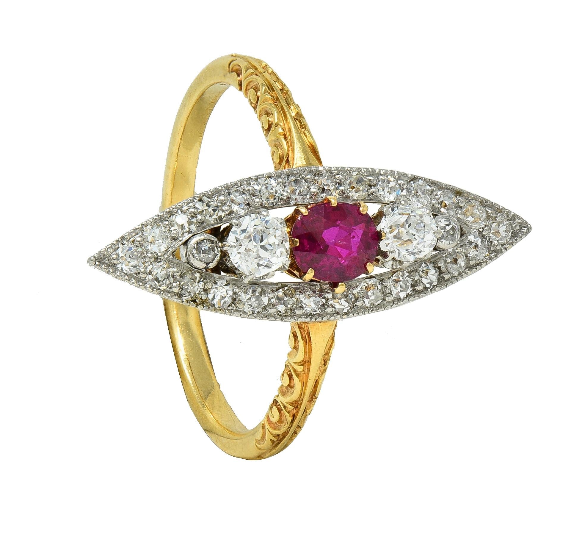 Edwardian 0.62 CTW Ruby Diamond Platinum 18 Karat Gold Scroll Navette Ring