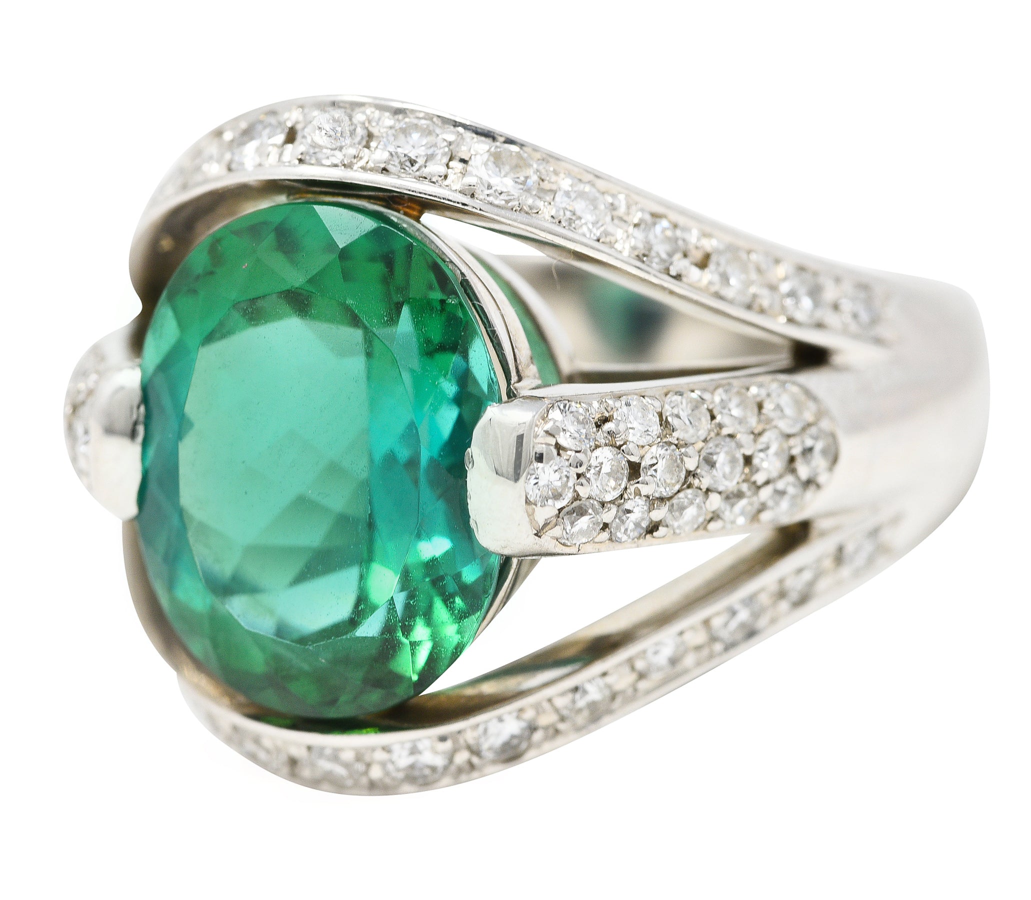 Contemporary 6.62 CTW Green Tourmaline Diamond Platinum Gemstone Band Ring Wilson's Estate Jewelry