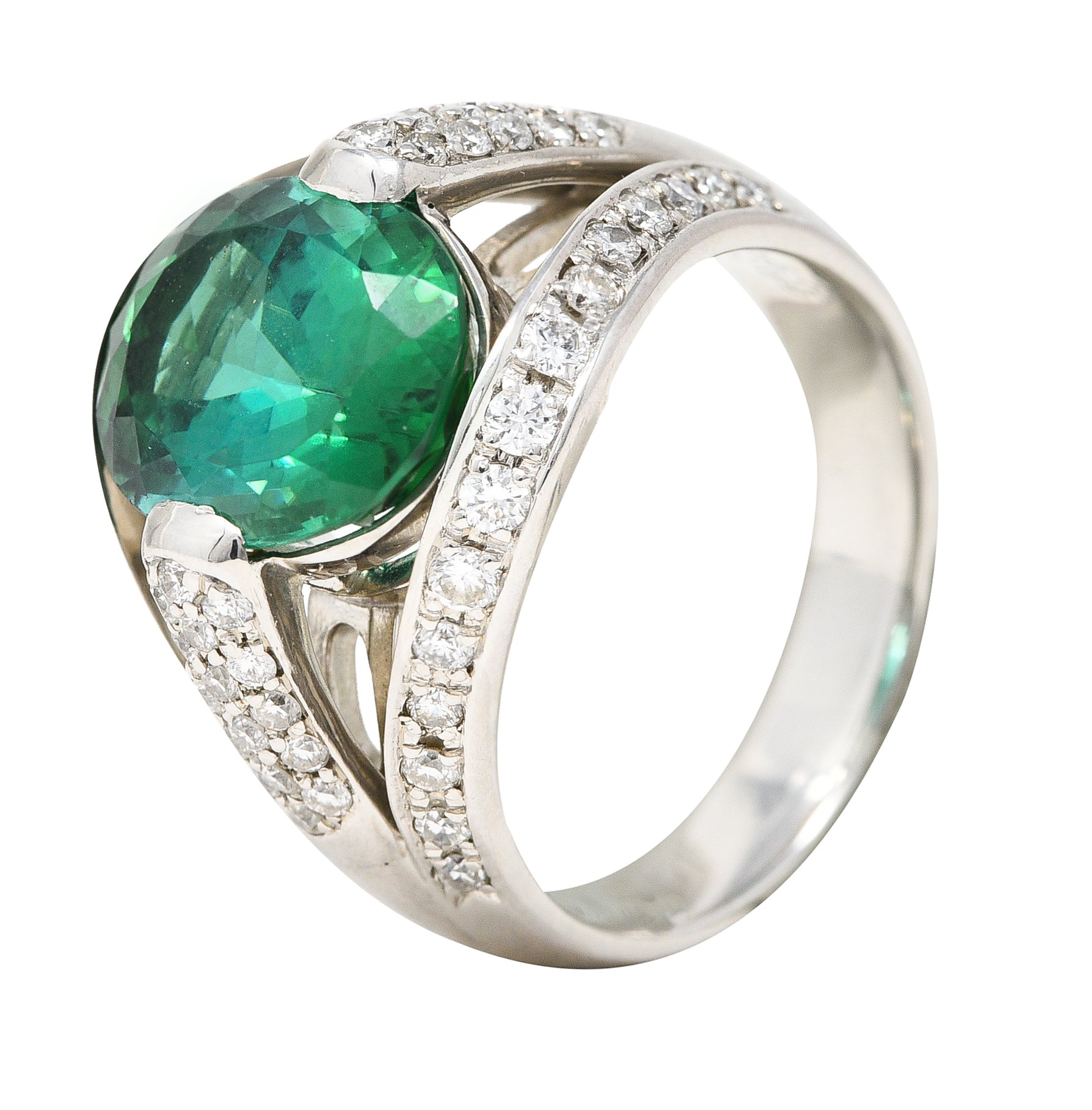 Contemporary 6.62 CTW Green Tourmaline Diamond Platinum Gemstone Band Ring Wilson's Estate Jewelry