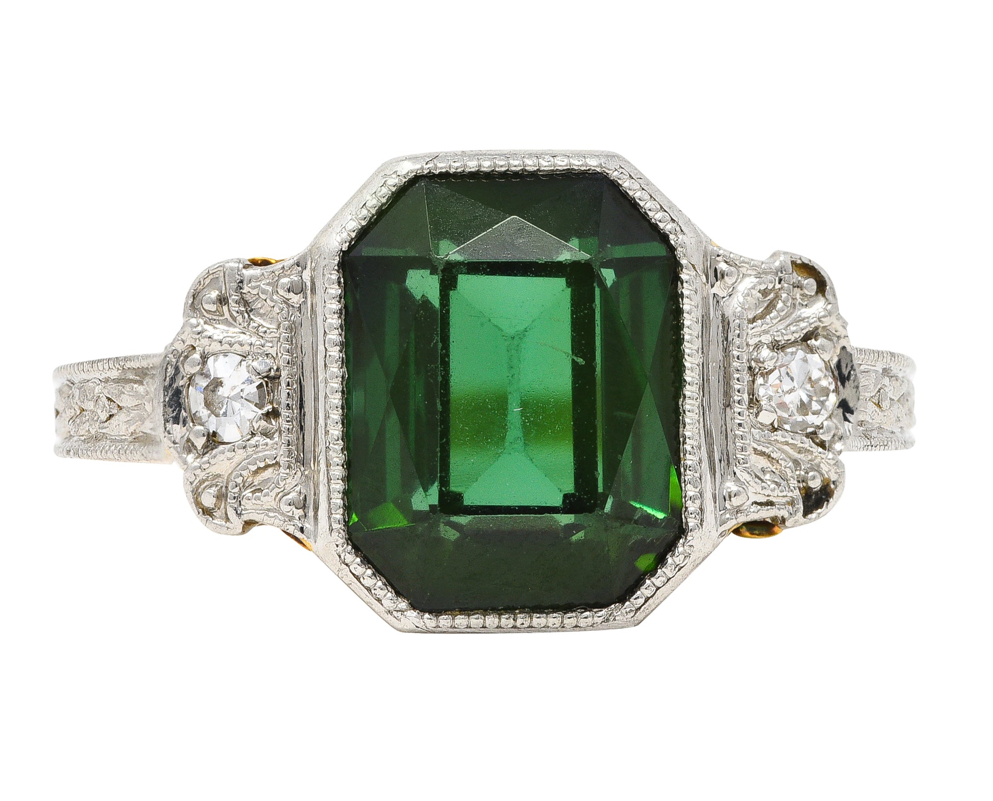 1930's Jones & Woodland Art Deco Green Tourmaline Diamond Platinum-Topped 14 Karat Yellow Gold Gemstone Ring Wilson's Estate Jewelry