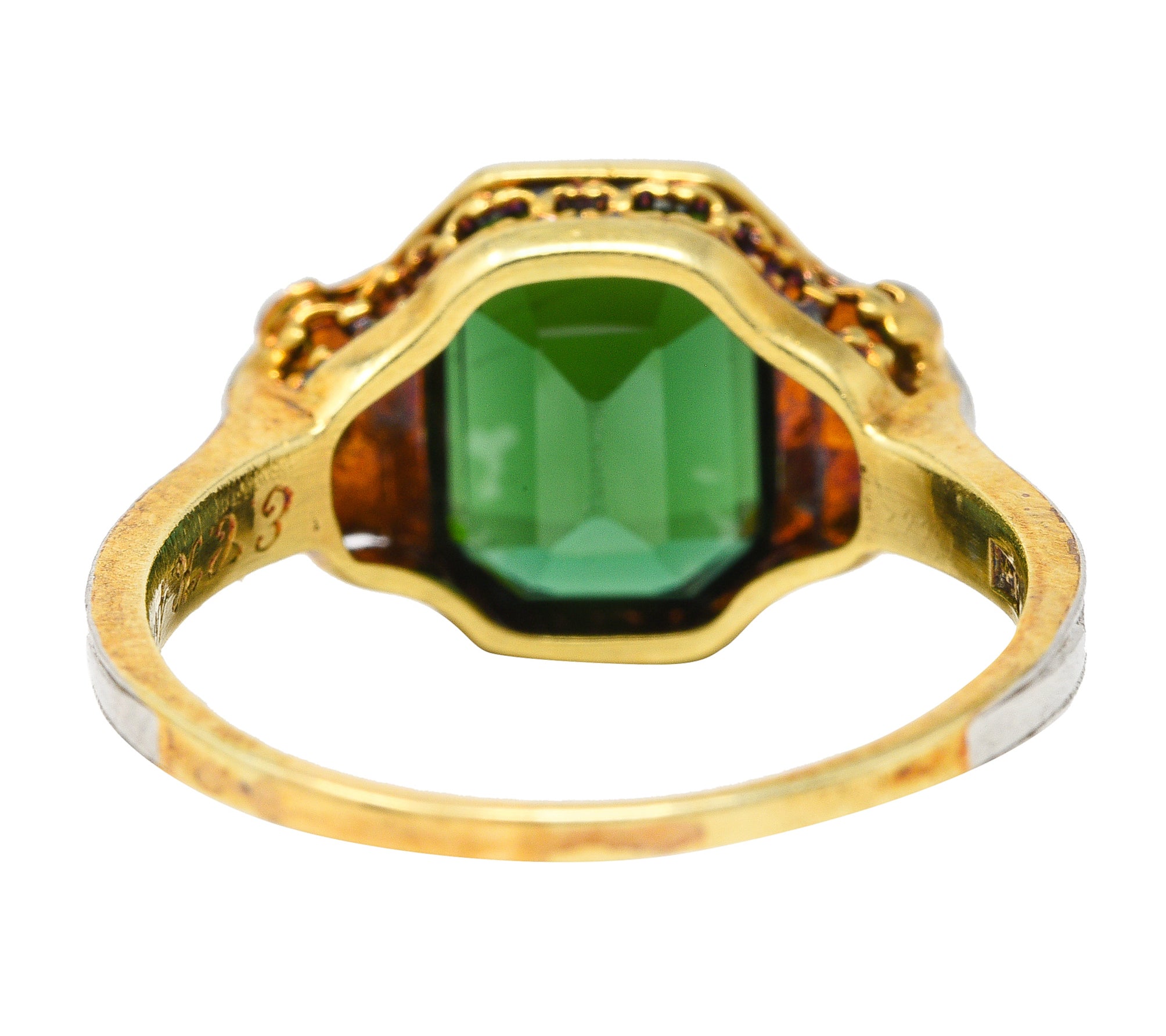 1930's Jones & Woodland Art Deco Green Tourmaline Diamond Platinum-Topped 14 Karat Yellow Gold Gemstone Ring Wilson's Estate Jewelry