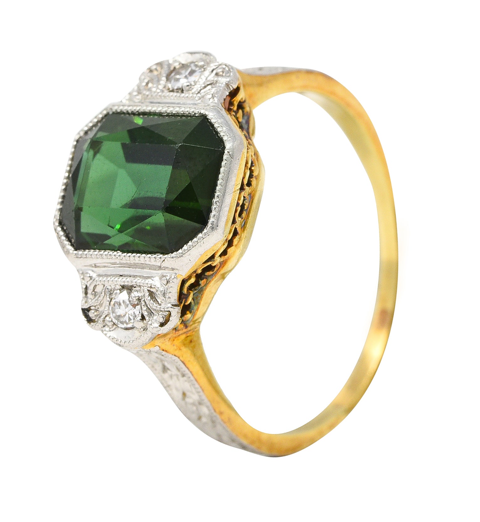 1930's Jones & Woodland Art Deco Green Tourmaline Diamond Platinum-Topped 14 Karat Yellow Gold Gemstone Ring Wilson's Estate Jewelry