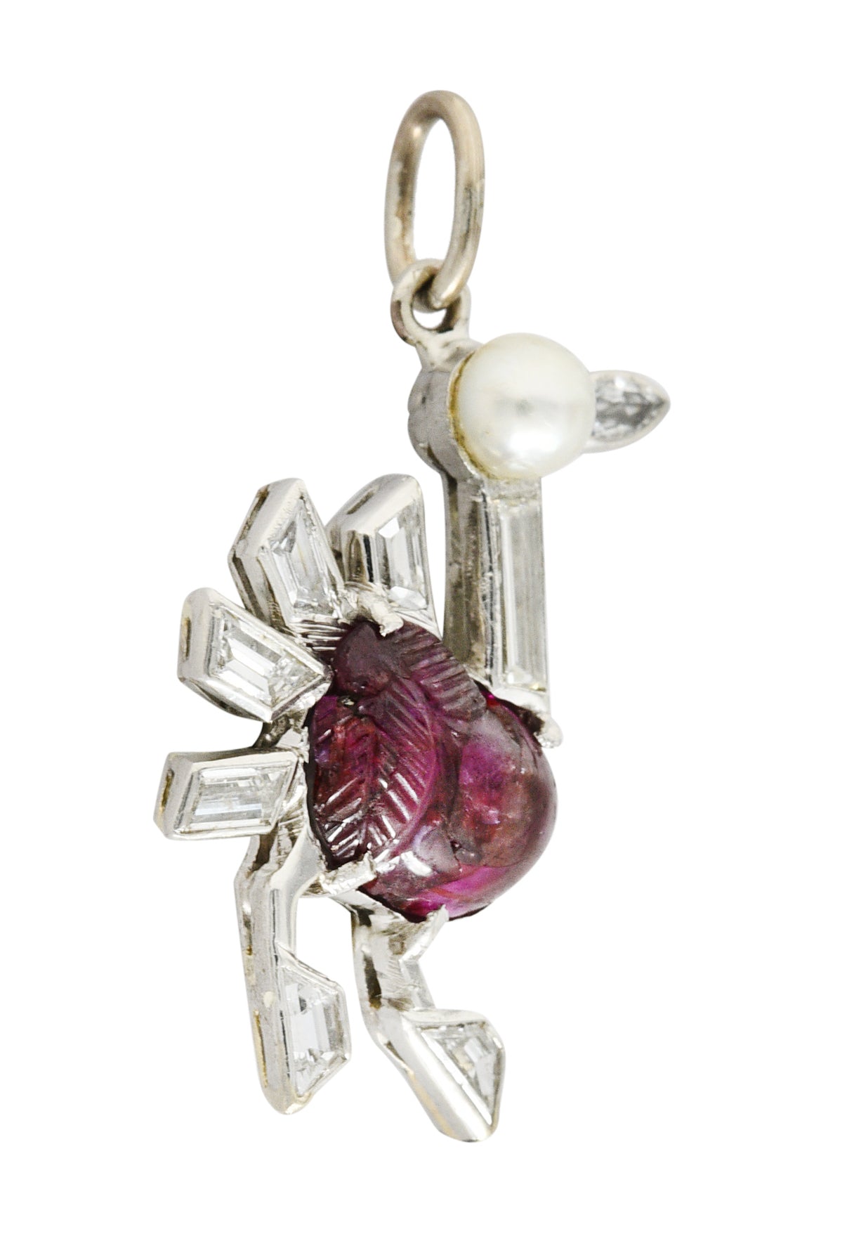 Art Deco Pearl 2.00 CTW Carved Ruby Diamond Platinum Turkey Bird Vintage Charm Wilson's Estate Jewelry