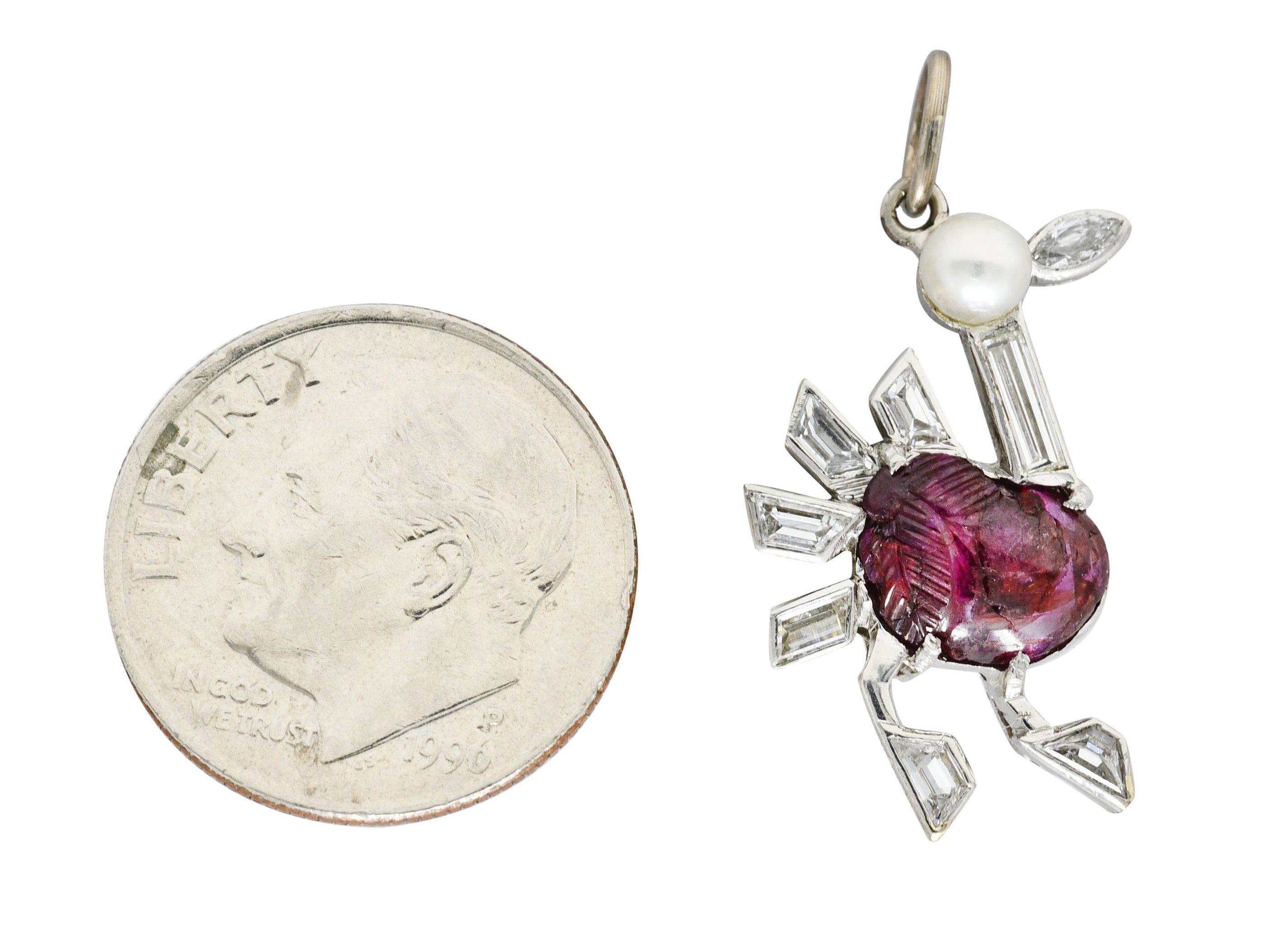 Art Deco Pearl 2.00 CTW Carved Ruby Diamond Platinum Turkey Bird Vintage Charm Wilson's Estate Jewelry