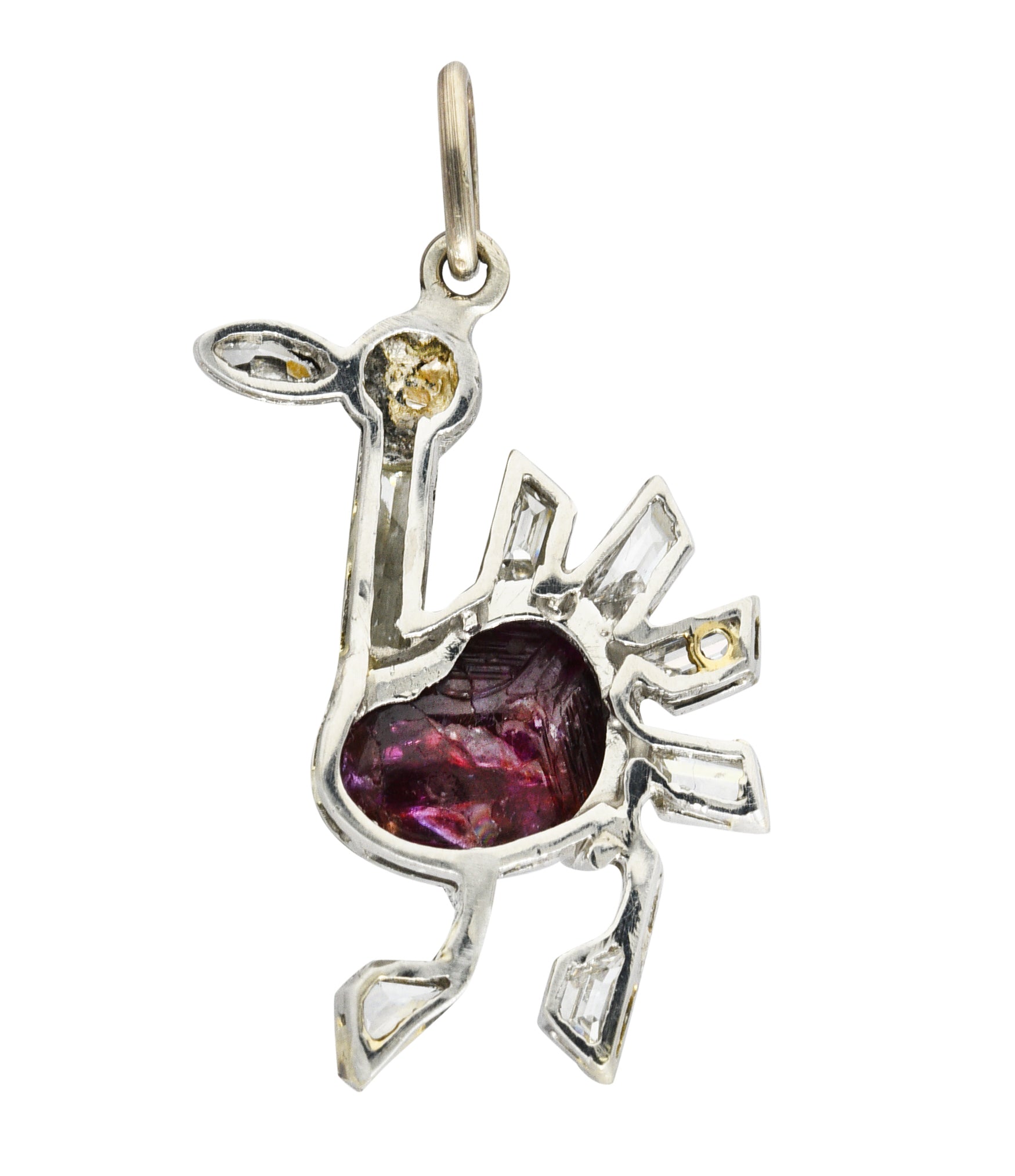 Art Deco Pearl 2.00 CTW Carved Ruby Diamond Platinum Turkey Bird Vintage Charm Wilson's Estate Jewelry