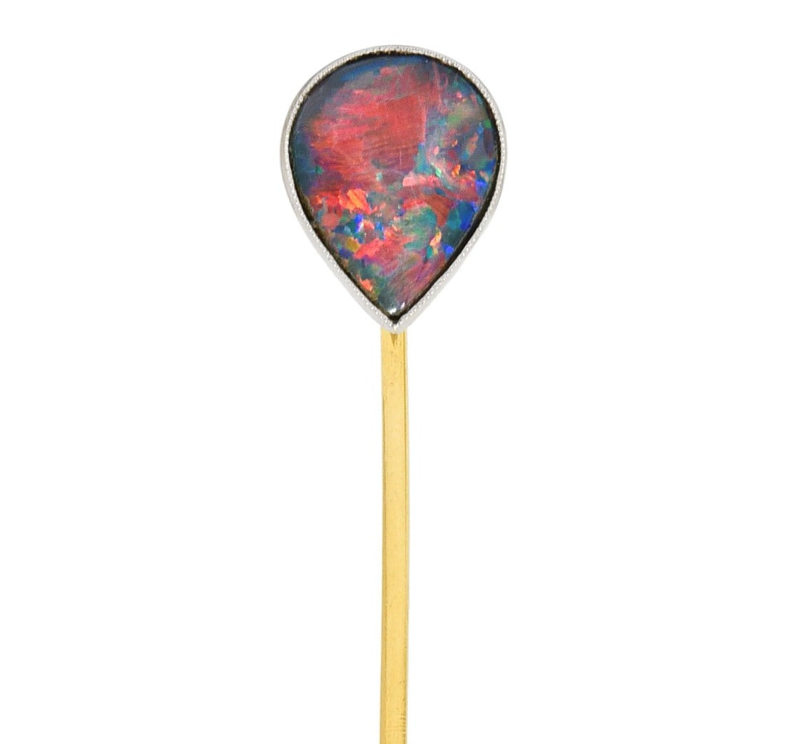 1910 Tiffany & Co. Edwardian Black Opal Cabochon Platinum 18 Karat Yellow Gold Antique Stickpin Wilson's Estate Jewelry