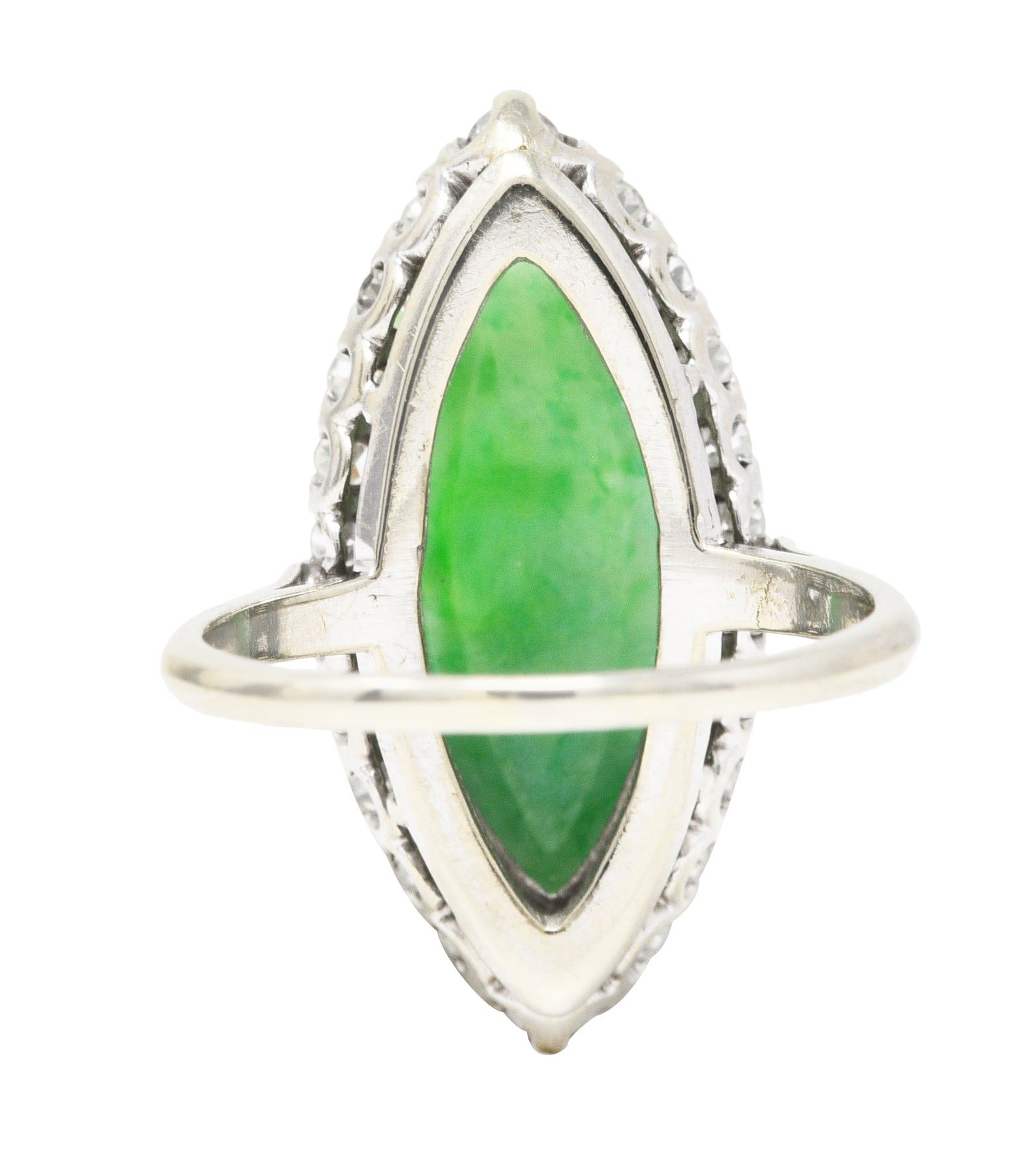 Art Deco Jade Cabochon Diamond 14 Karat White Gold Navette Vintage Cluster Ring Wilson's Estate Jewelry