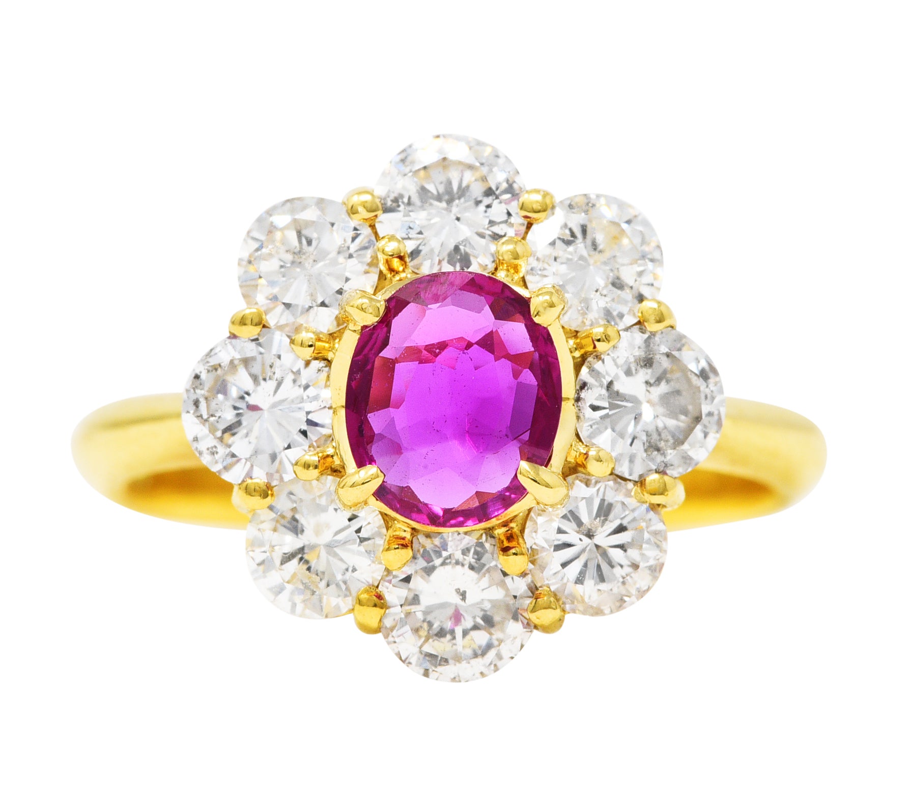 Contemporary 1.86 CTW Ruby Diamond 18 Karat Yellow Gold Cluster Ring Wilson's Estate Jewelry