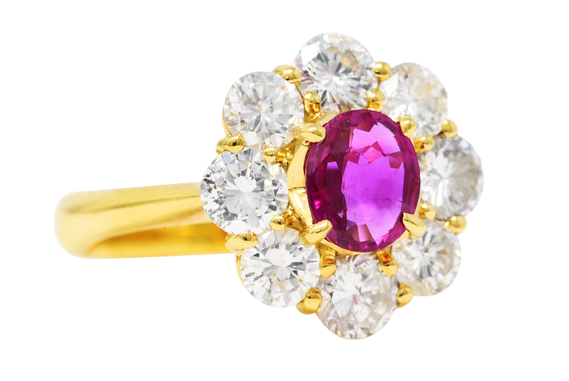 Contemporary 1.86 CTW Ruby Diamond 18 Karat Yellow Gold Cluster Ring Wilson's Estate Jewelry