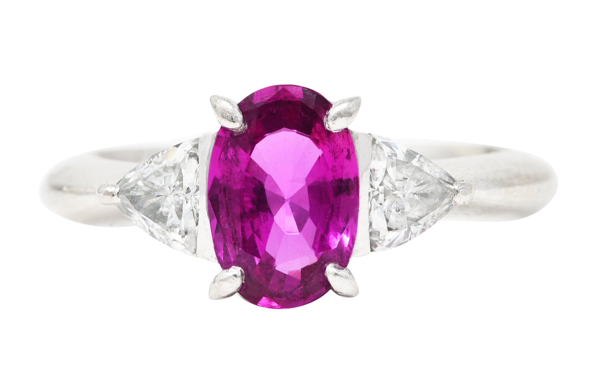 Contemporary 2.00 CTW Pink Sapphire Diamond Platinum Three Stone Gemstone Ring Wilson's Estate Jewelry