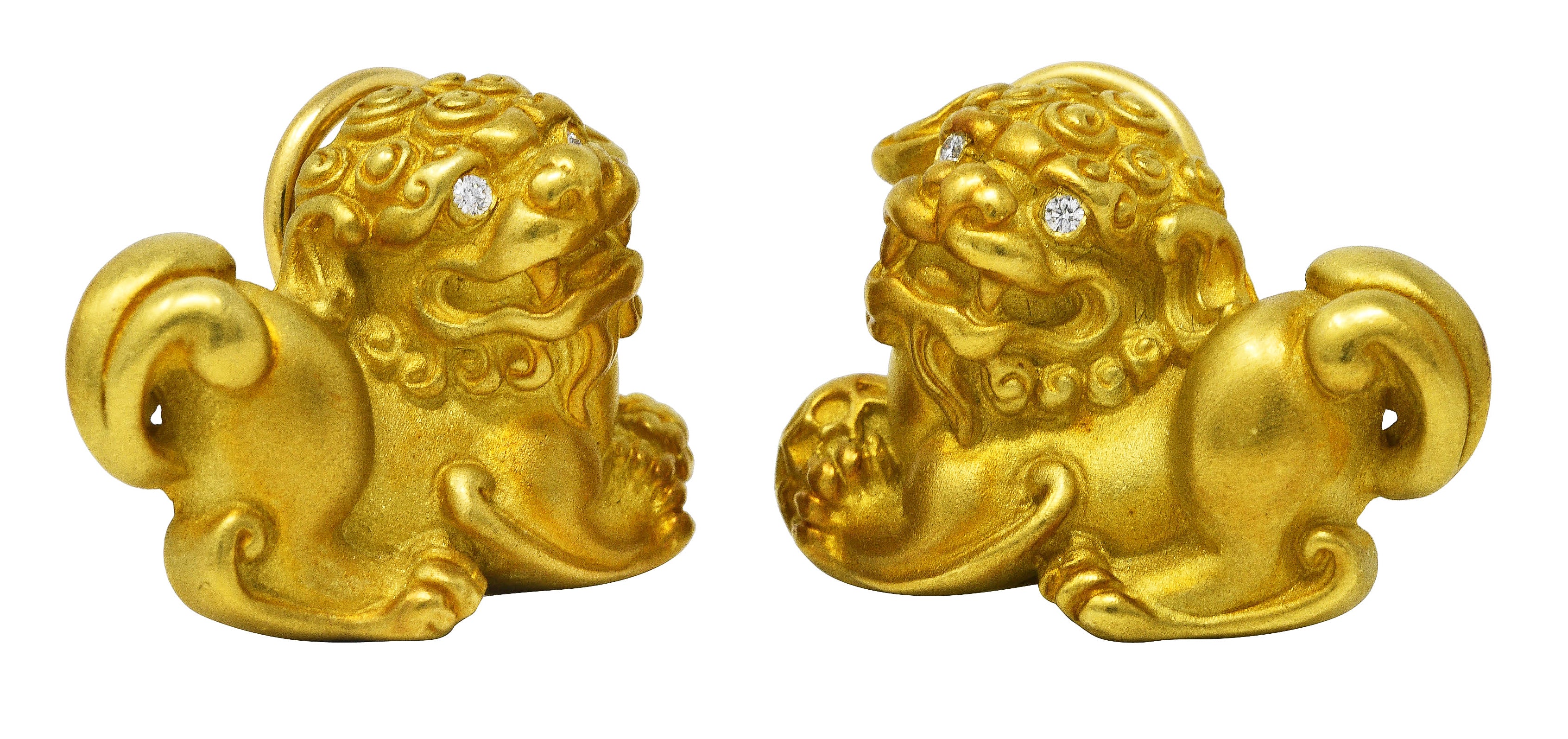 2002 Kieselstein-Cord Diamond 18 Karat Yellow Gold Foo Dog Ear-Clip Earrings Wilson's Estate Jewelry