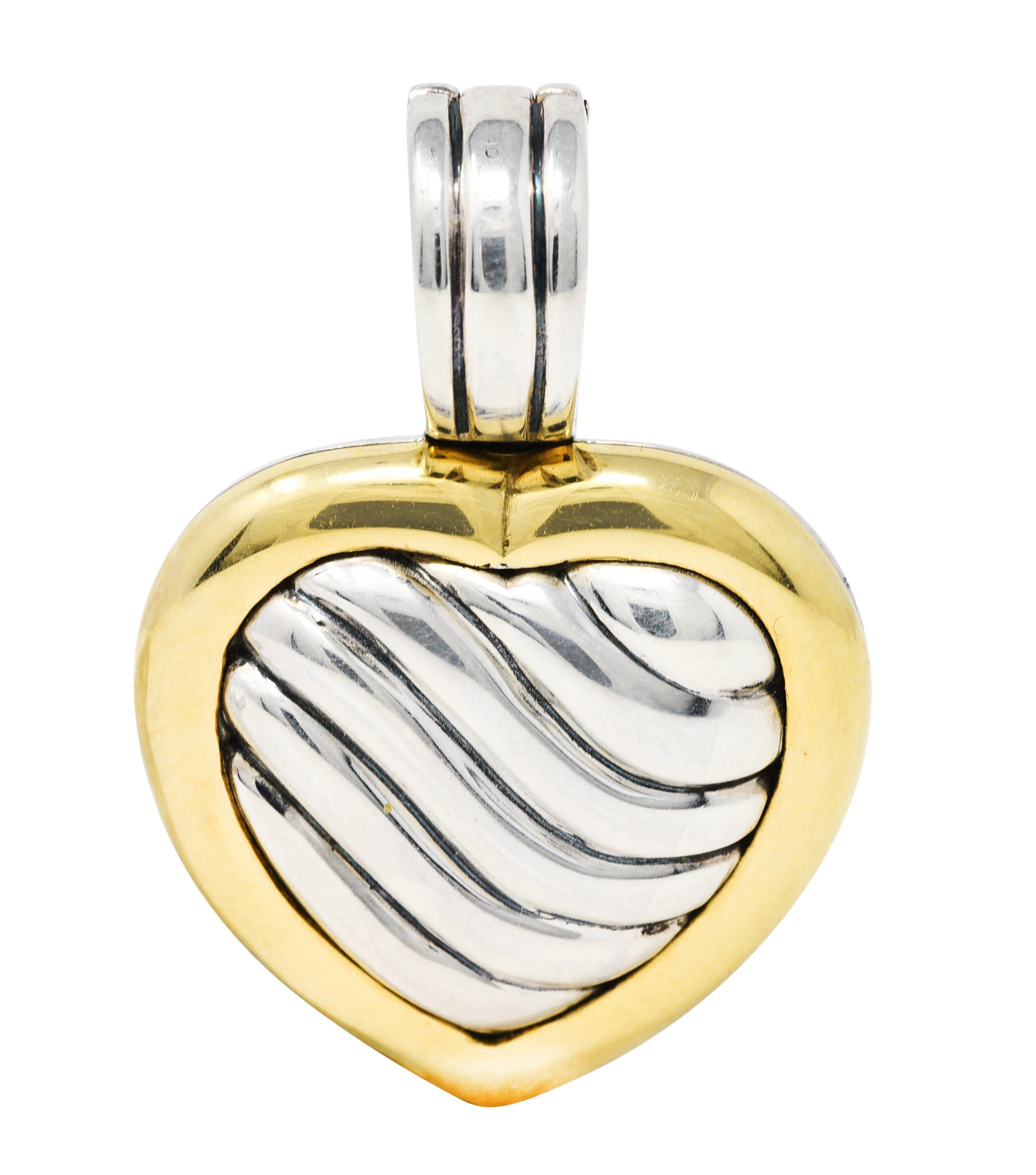 1990's David Yurman 18 Karat Gold Sterling Silver Classic Cable Heart Locket Enhancer PendantNecklace - Wilson's Estate Jewelry