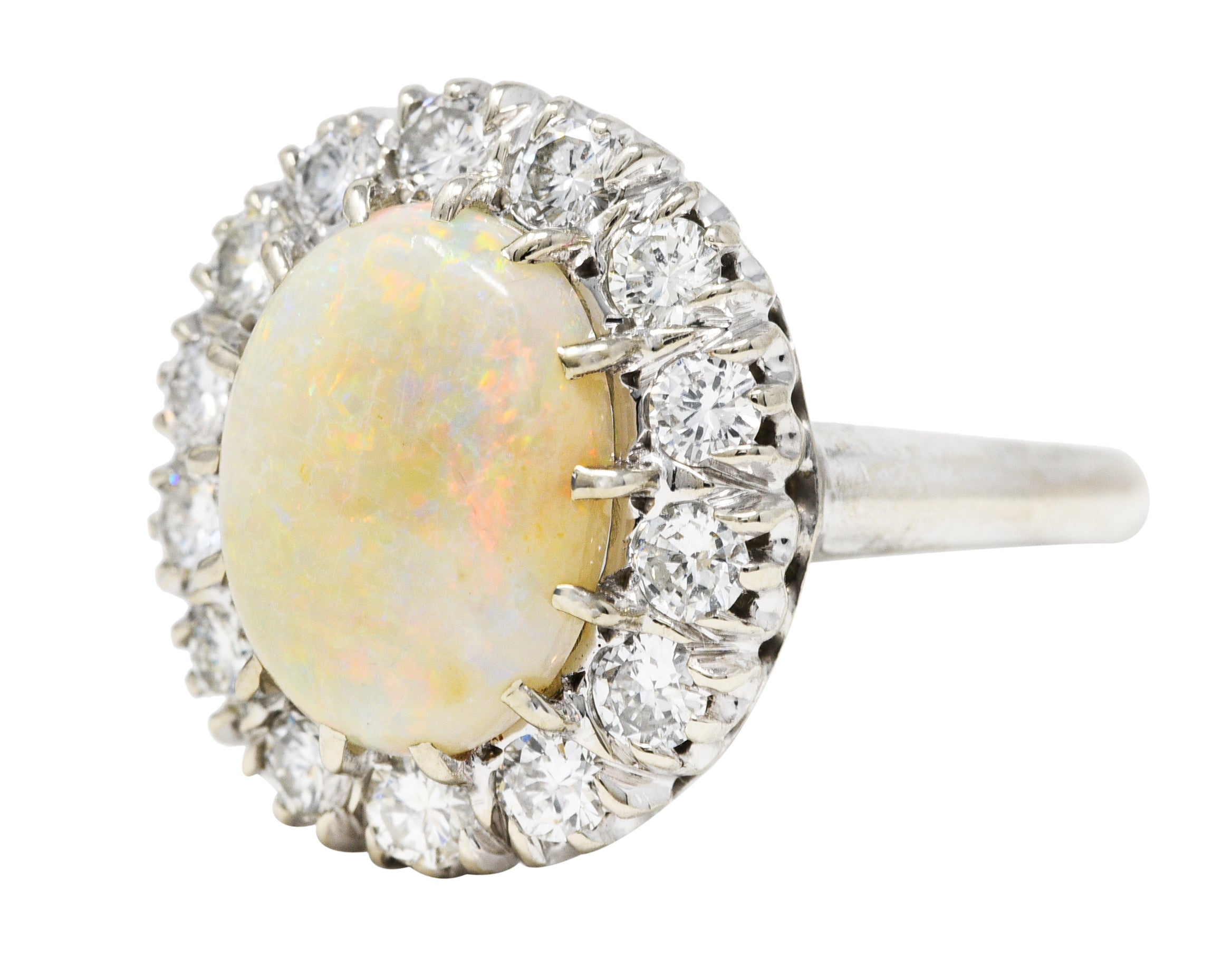 Vintage Opal Cabochon 1.00 CTW Diamond 14 Karat White Gold Cluster Ring Wilson's Estate Jewelry