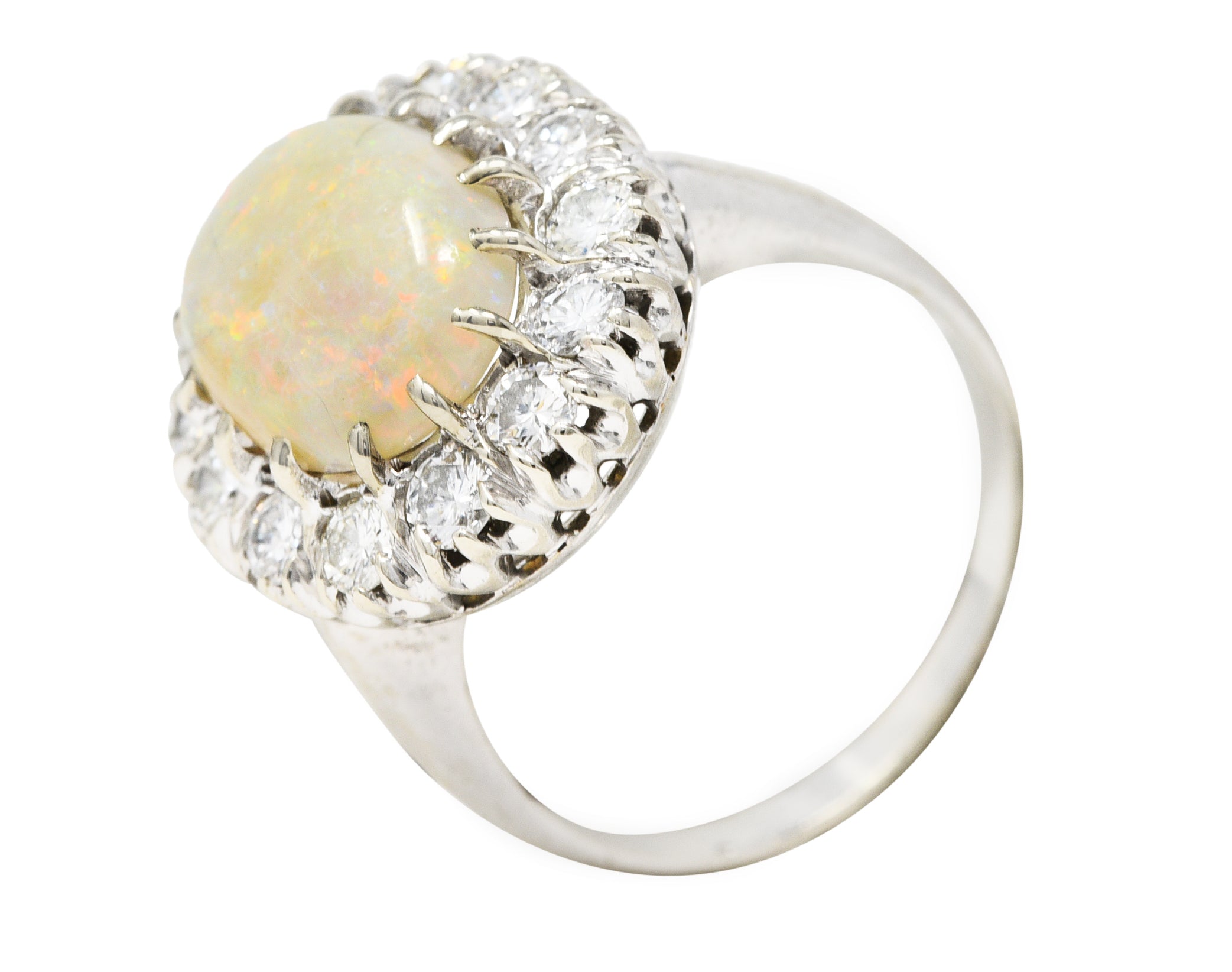 Vintage Opal Cabochon 1.00 CTW Diamond 14 Karat White Gold Cluster Ring Wilson's Estate Jewelry