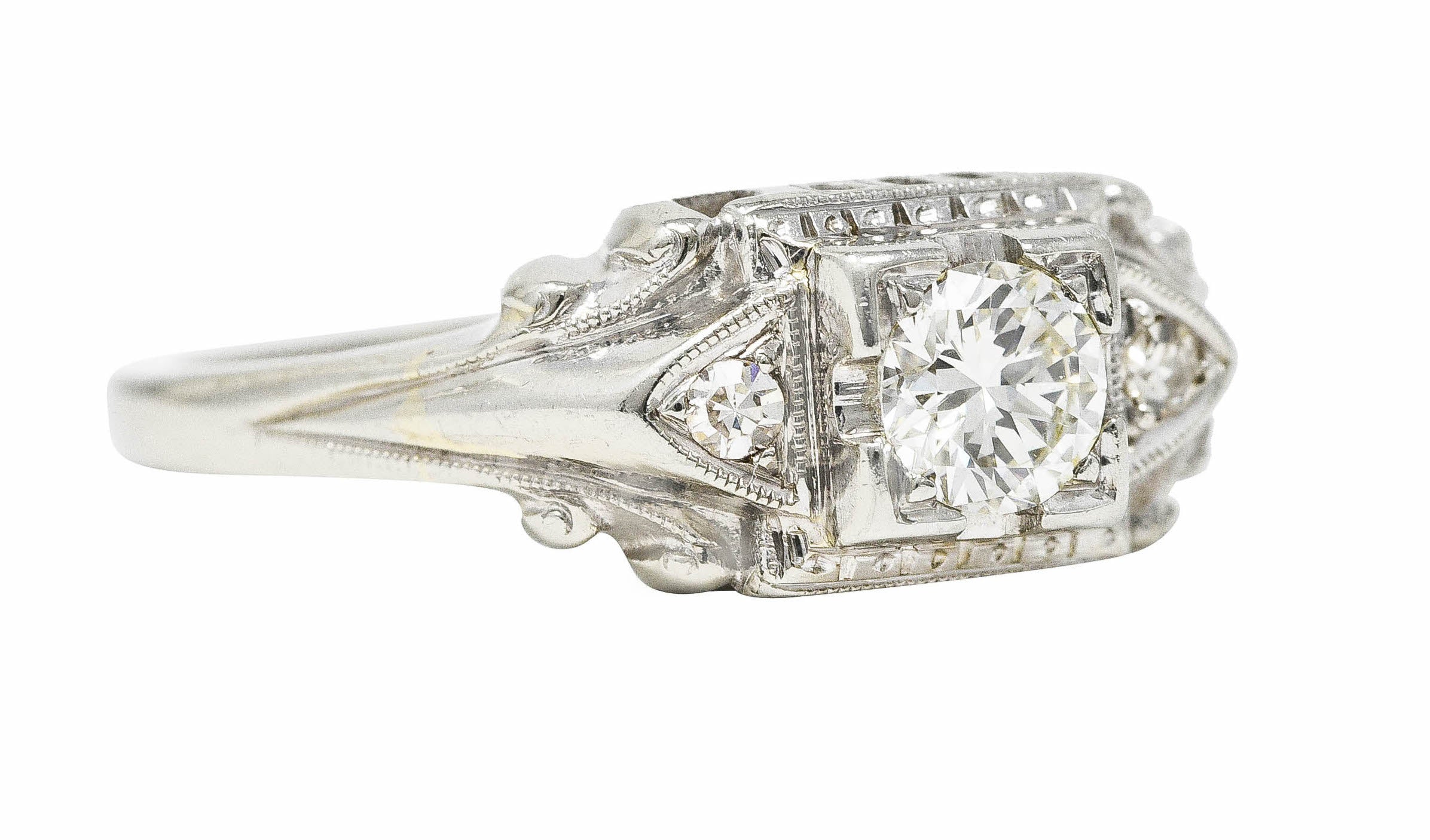 Art Deco Transitional Diamond 18 Karat White Gold Engagement Ring Wilson's Estate Jewelry