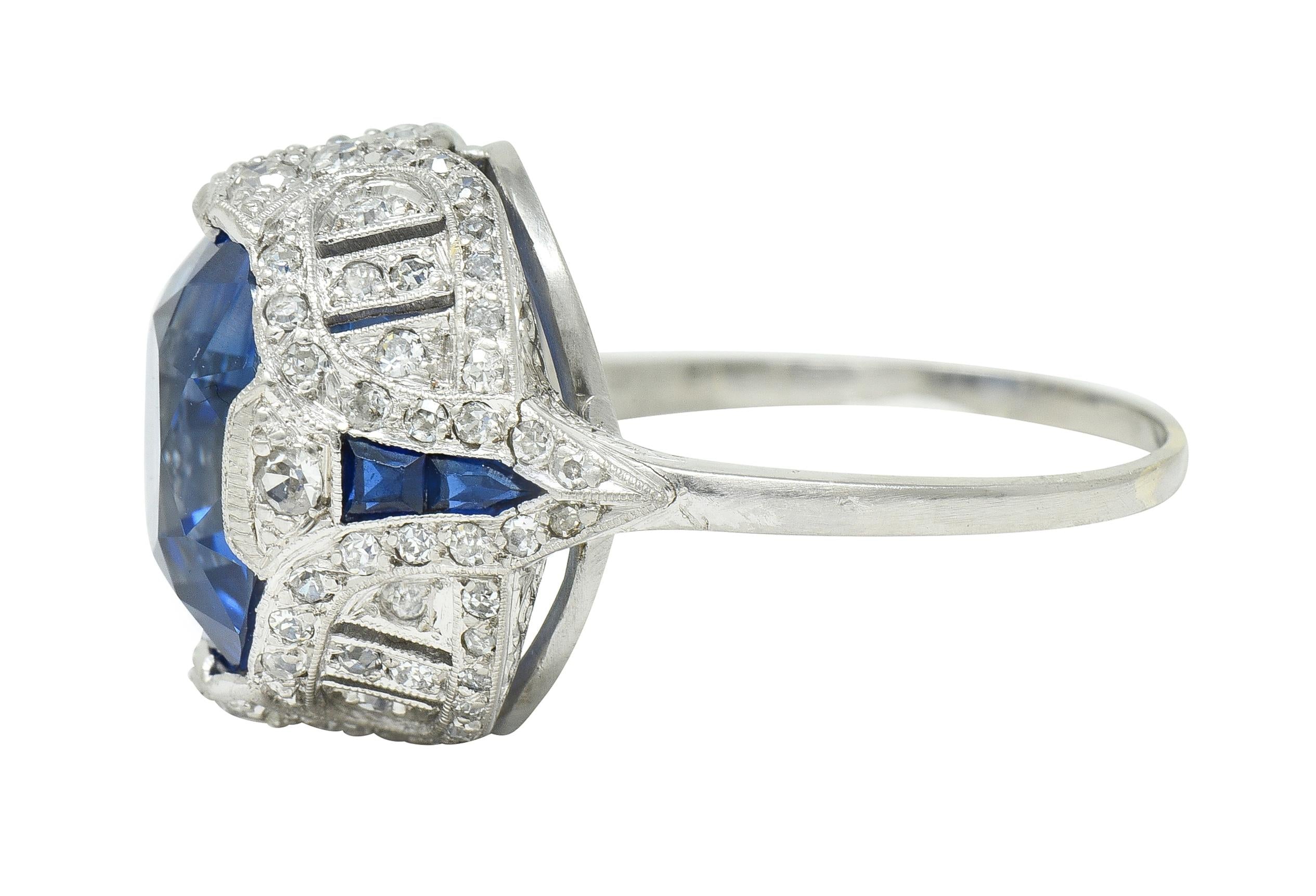 Art Deco 12.12 CTW No Heat Ceylon Sapphire Diamond Lotus Vintage Cocktail Ring