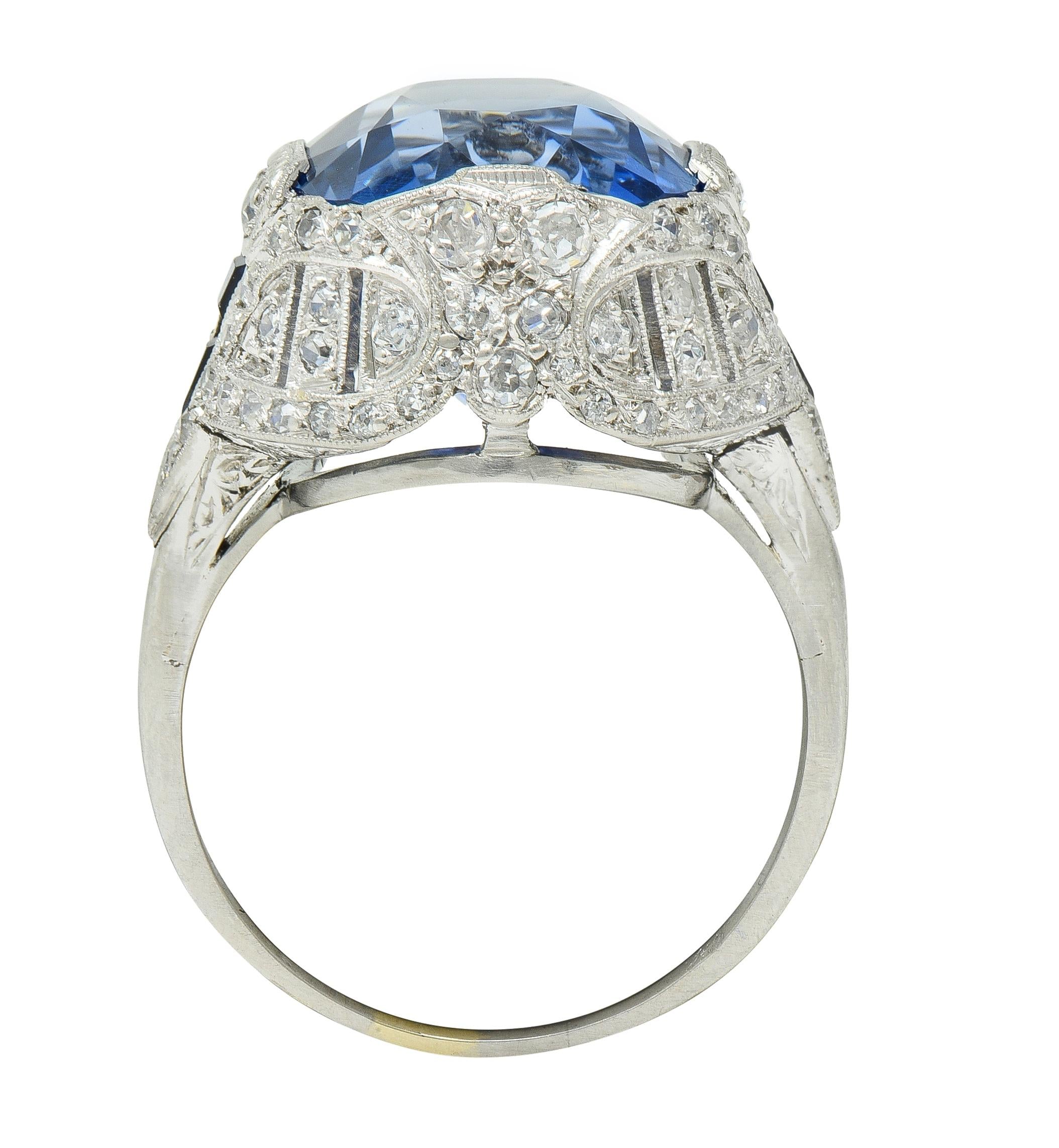 Art Deco 12.12 CTW No Heat Ceylon Sapphire Diamond Lotus Vintage Cocktail Ring