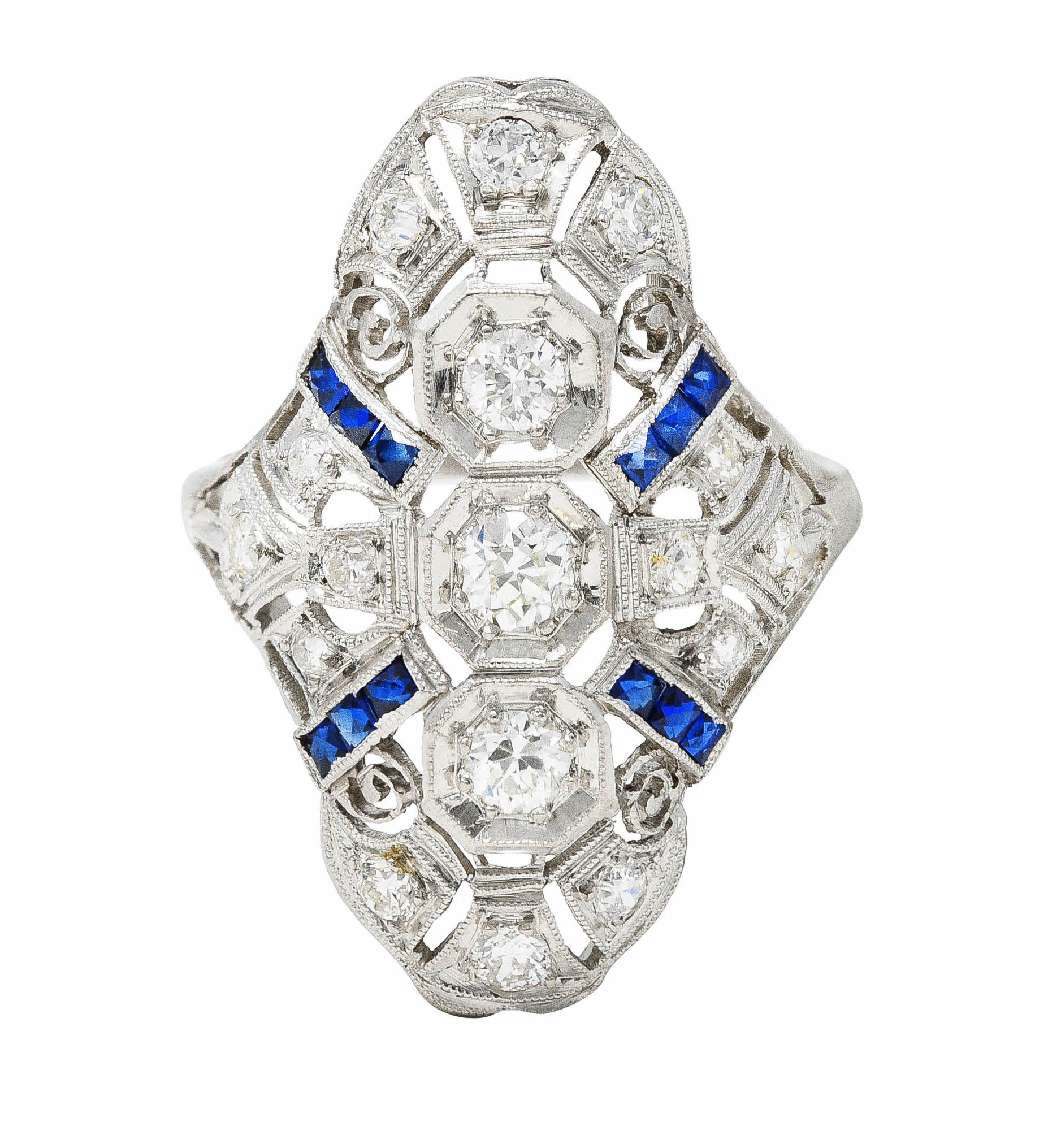 1930's Art Deco 1.25 CTW Diamond Sapphire Platinum Dinner Ring Wilson's Estate Jewelry