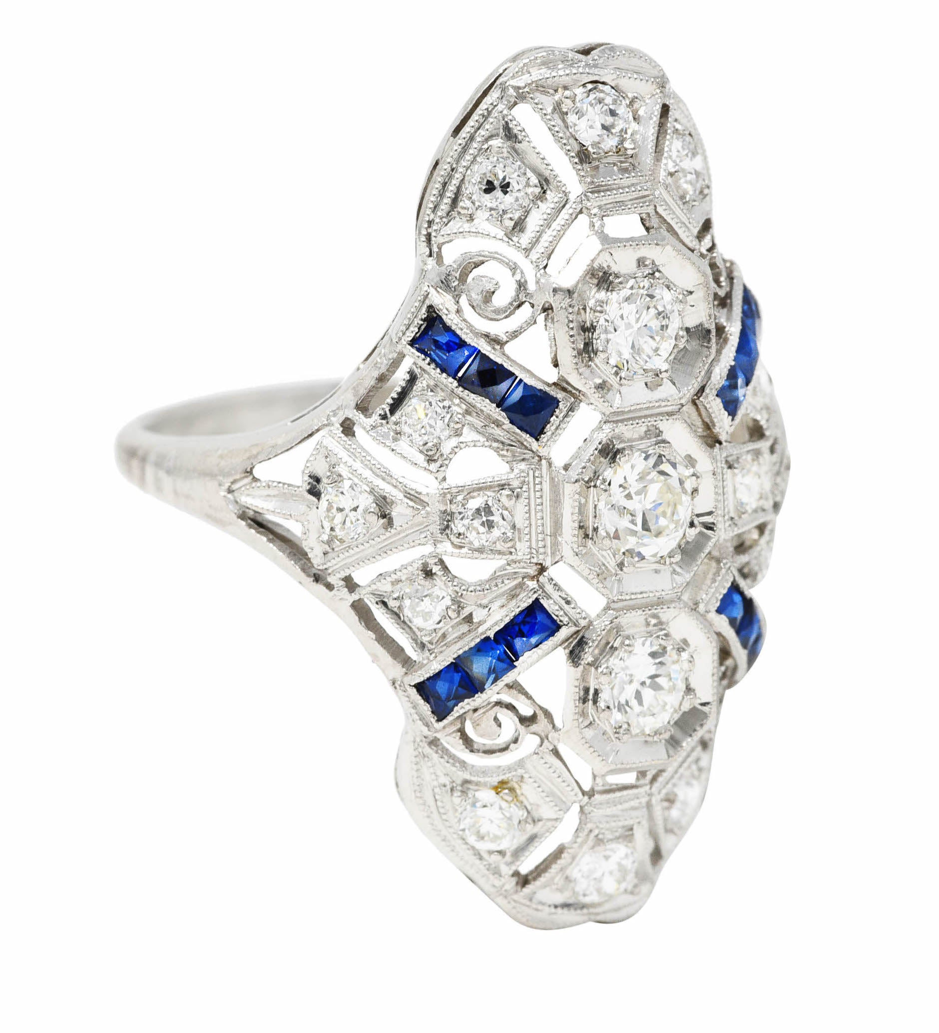 1930's Art Deco 1.25 CTW Diamond Sapphire Platinum Dinner Ring Wilson's Estate Jewelry