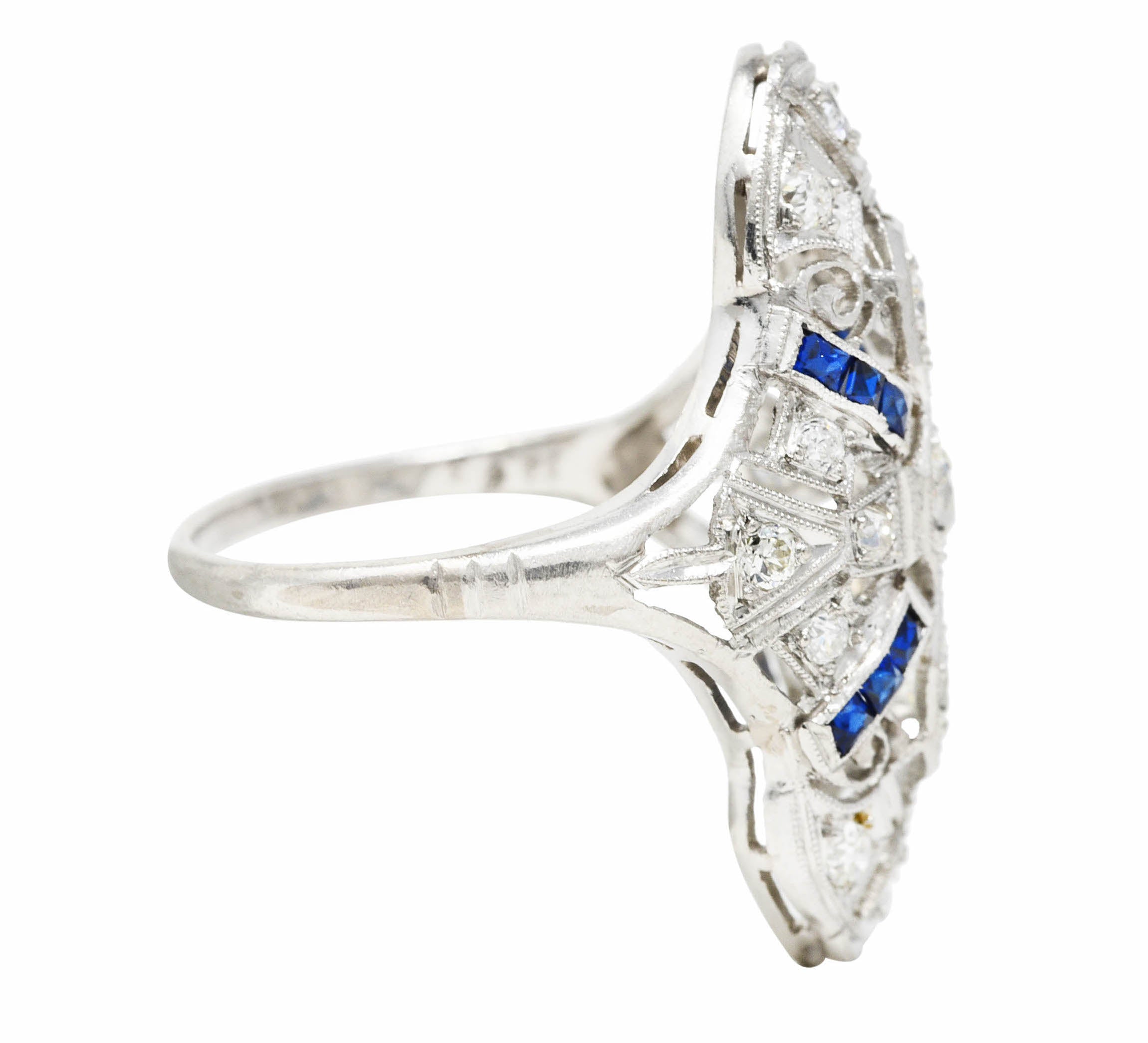 1930's Art Deco 1.25 CTW Diamond Sapphire Platinum Dinner Ring Wilson's Estate Jewelry