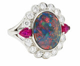 Black Opal Ruby Diamond Platinum Cluster Cocktail Vintage Ring Wilson's Estate Jewelry