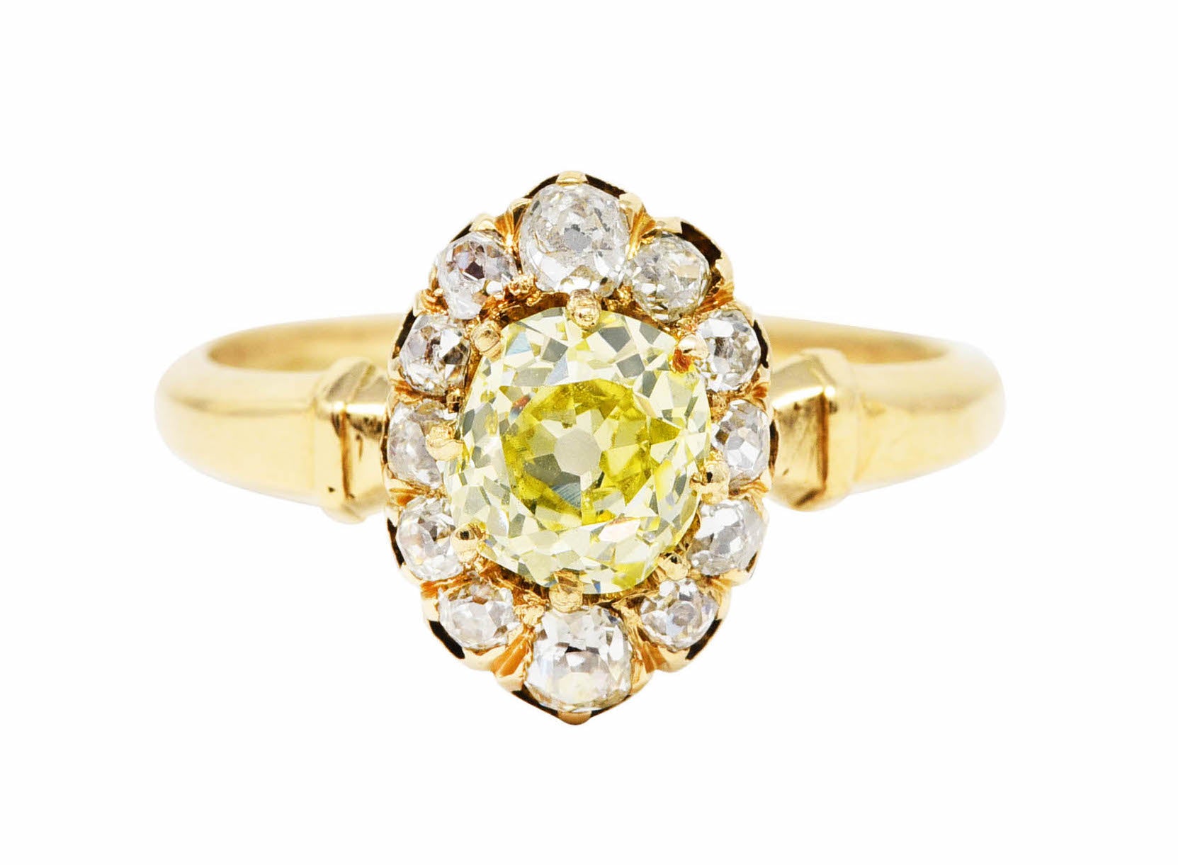 Victorian 1.20 CTW Fancy Yellow Colored Diamond 18 Karat Yellow Gold Antique Cluster Ring Wilson's Estate Jewelry