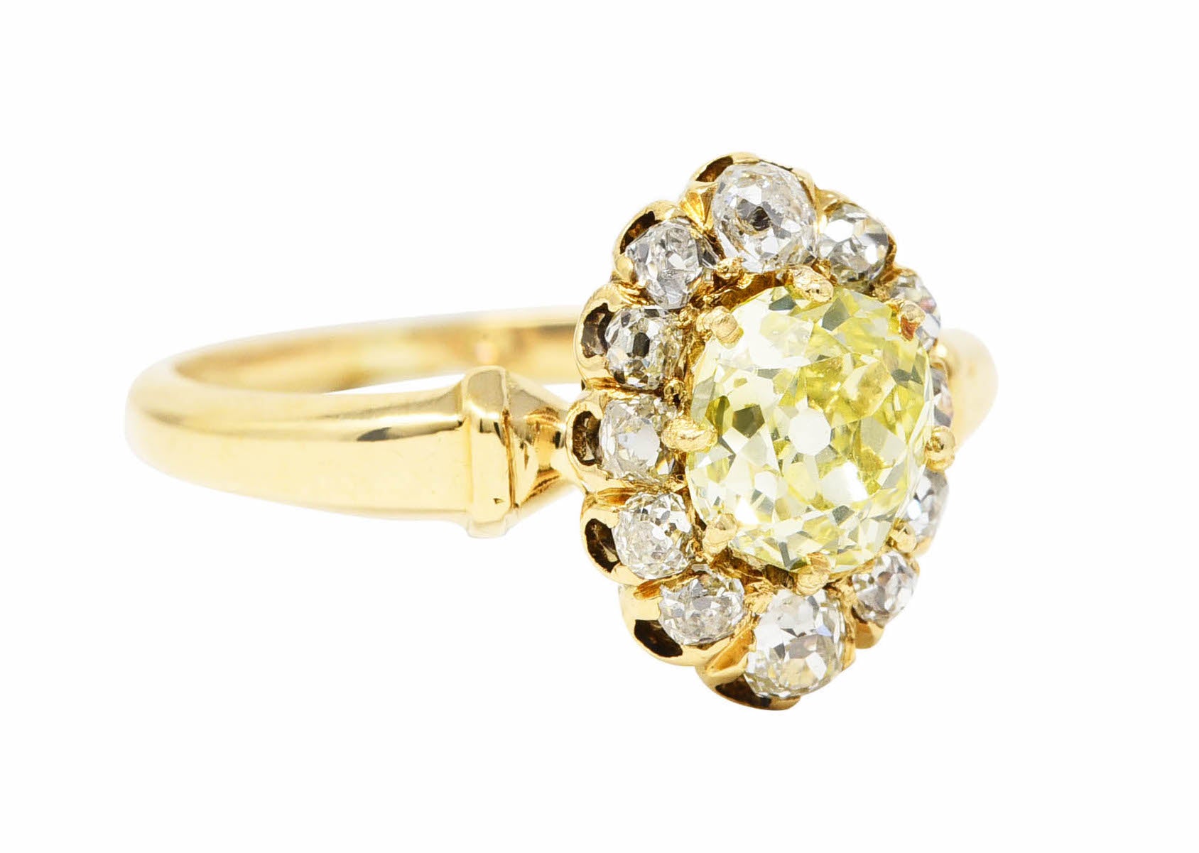 Victorian 1.20 CTW Fancy Yellow Colored Diamond 18 Karat Yellow Gold Antique Cluster Ring Wilson's Estate Jewelry