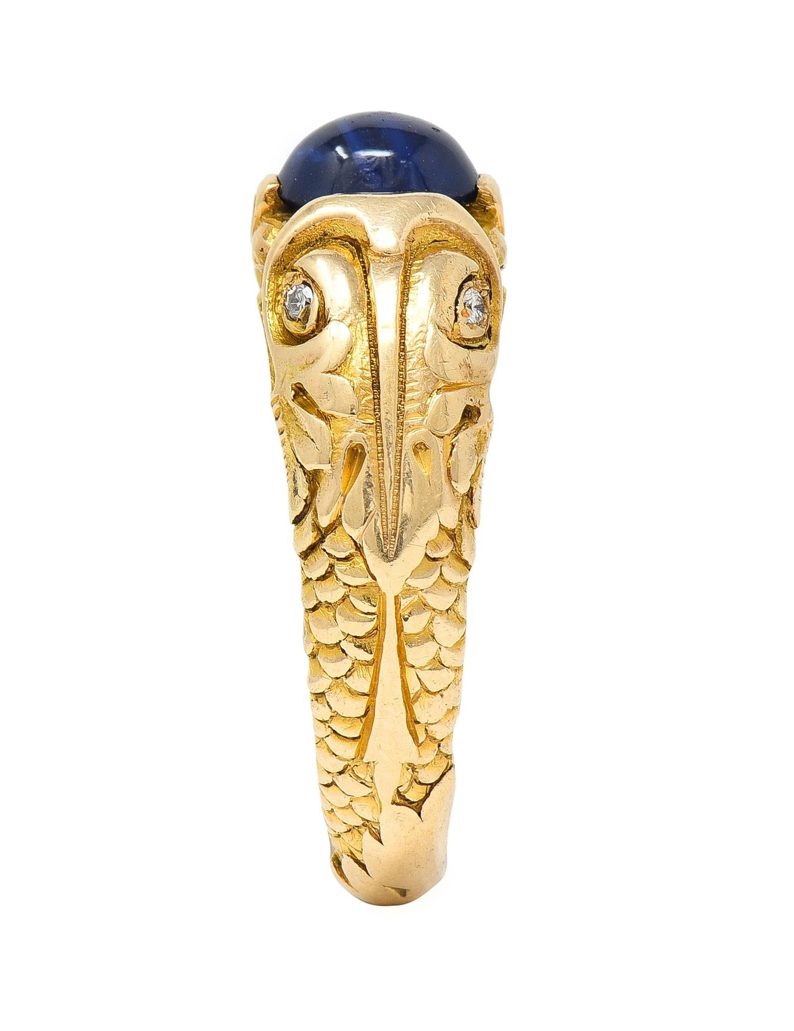 Art Nouveau Sapphire Cabochon Diamond 14 Karat Gold Koi Fish Unisex Antique Ring